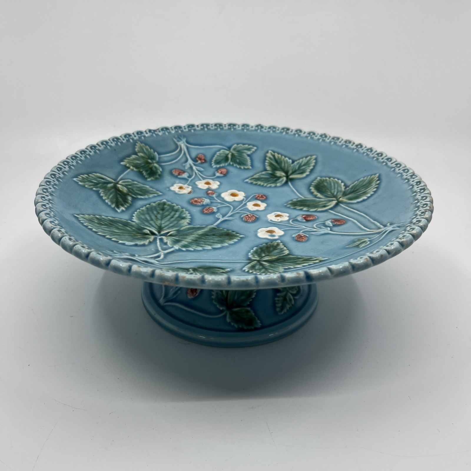 Vintage Zell Majolica Strawberry Pattern 9.25” Pedestal Plate Stand Blue Green