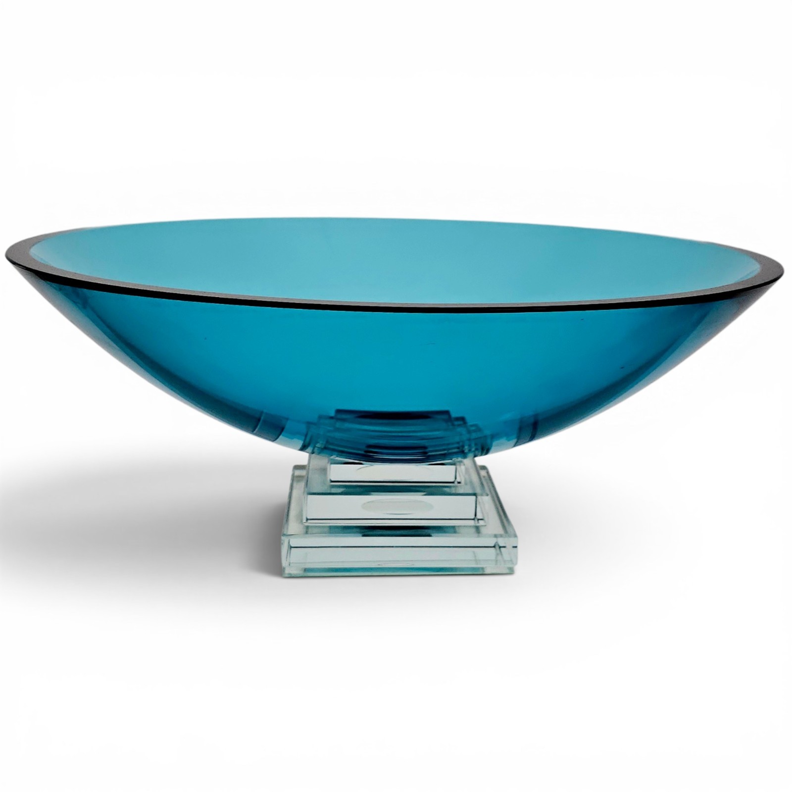 Stephen Schlanser Eclipse Bowl Signed 1992 Aqua Art Glass Centerpiece 16″ Mint