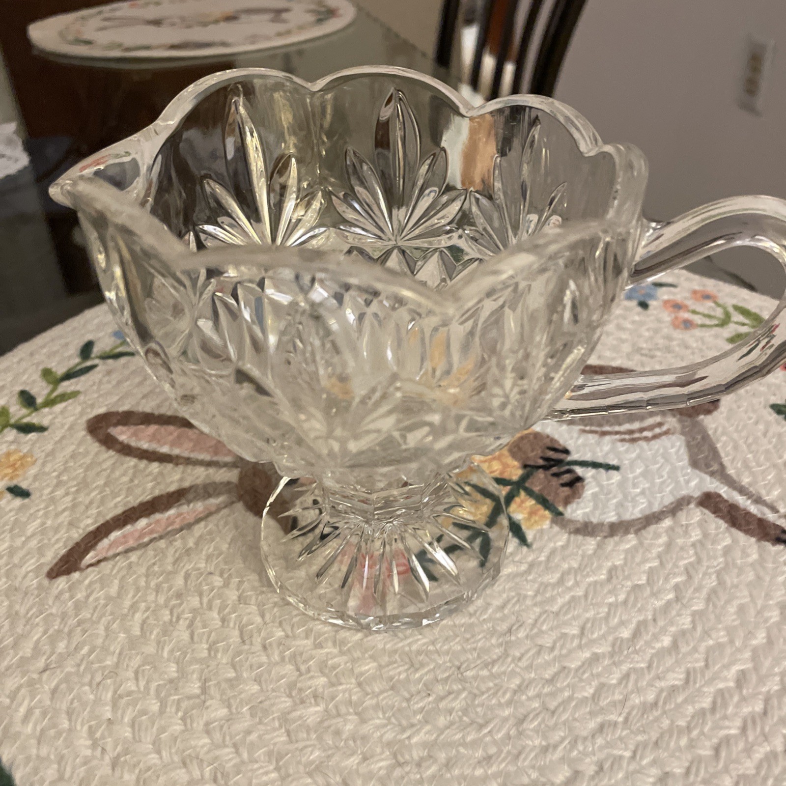 Clear Cut Glass Gravy Boat with Handle, Etched Patterns, Glossy Finish