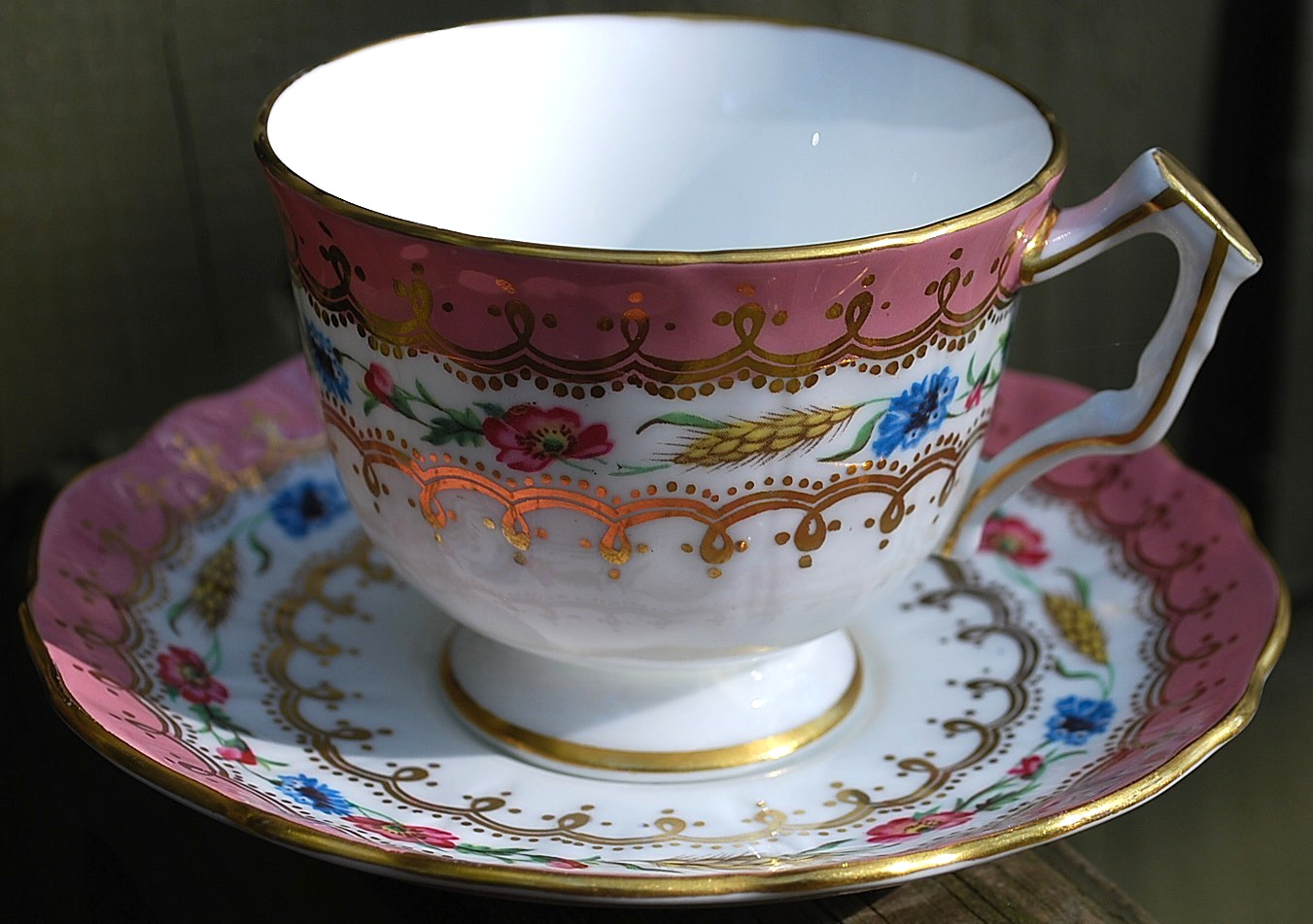 Vtg AYNSLEY ENGLAND Footed Teacup & Saucer HARVEST WHEAT/PINK FLORAL Bone China