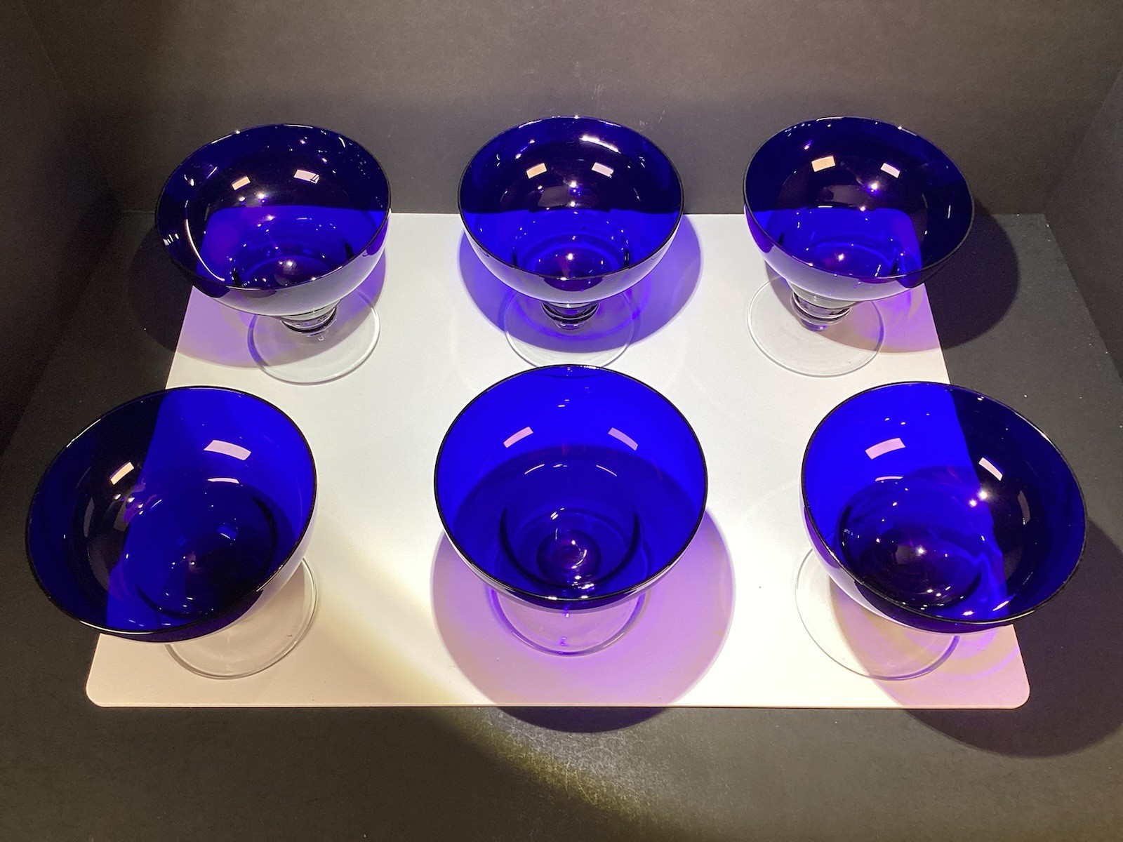 6 Deco Style Cobalt Blue Clear Footed Dessert Sherbet Ice Cream Bowls