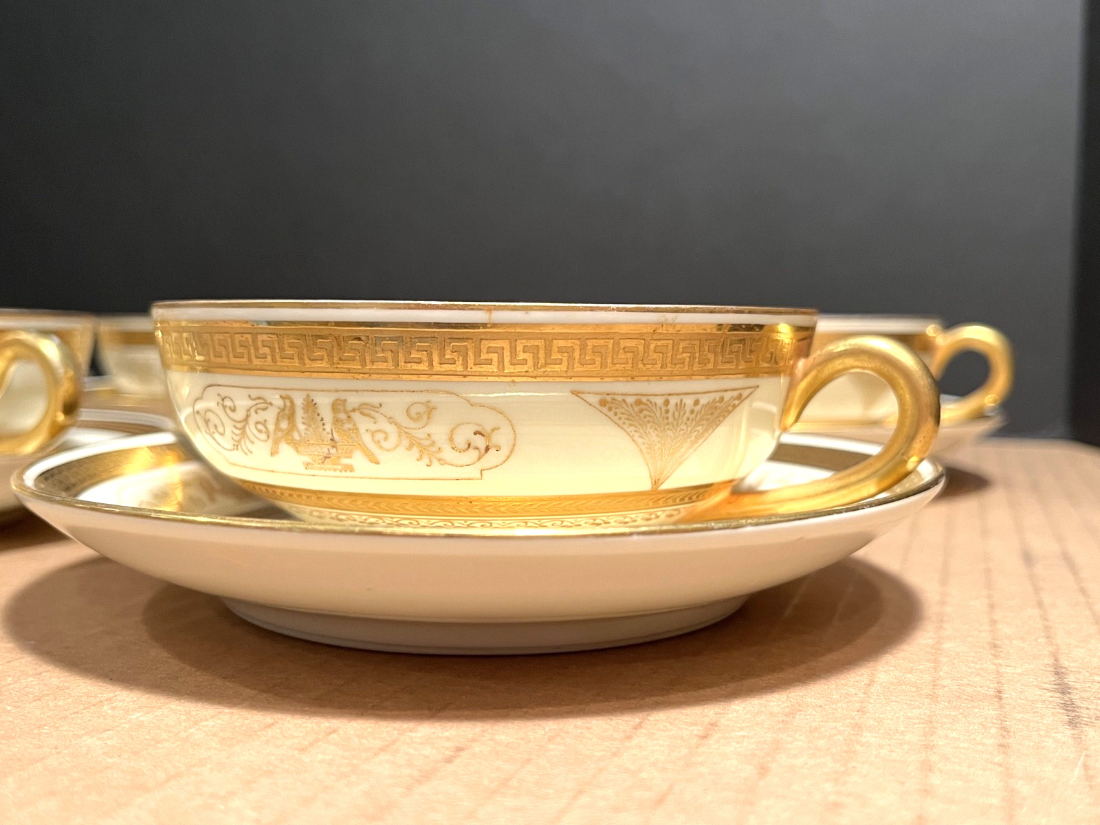 Antique Pirkenhammer Gold Encrusted Bouillon Cream Soup Cups Saucers Set of Six