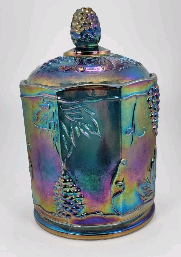 Vintage Indiana Blue Grape Harvest Carnival Glass Candy Canister Lid Chipped