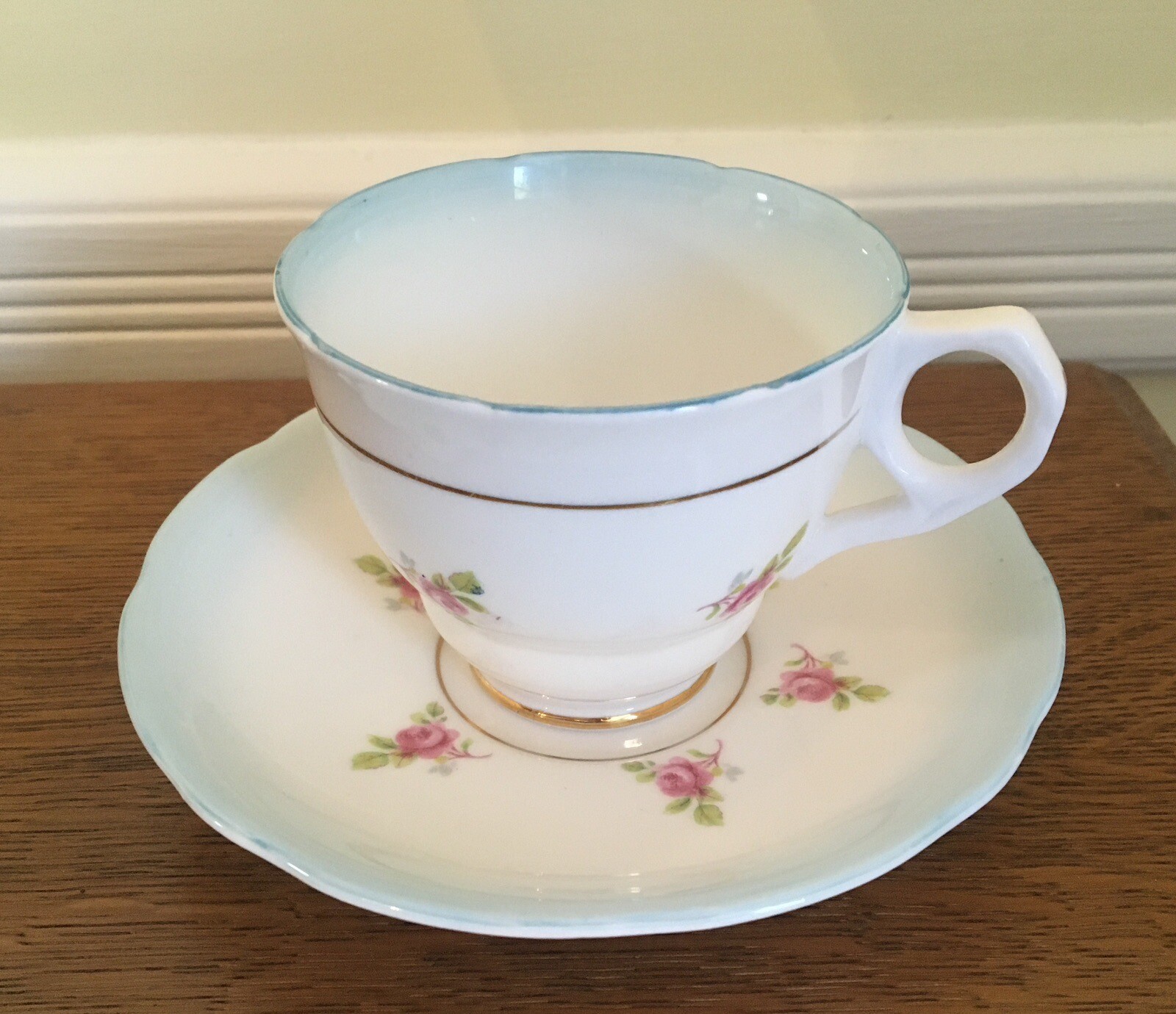 Royal Stafford Roses Pale Blue Teacup Saucer Bone China Gold Trim England 1940s