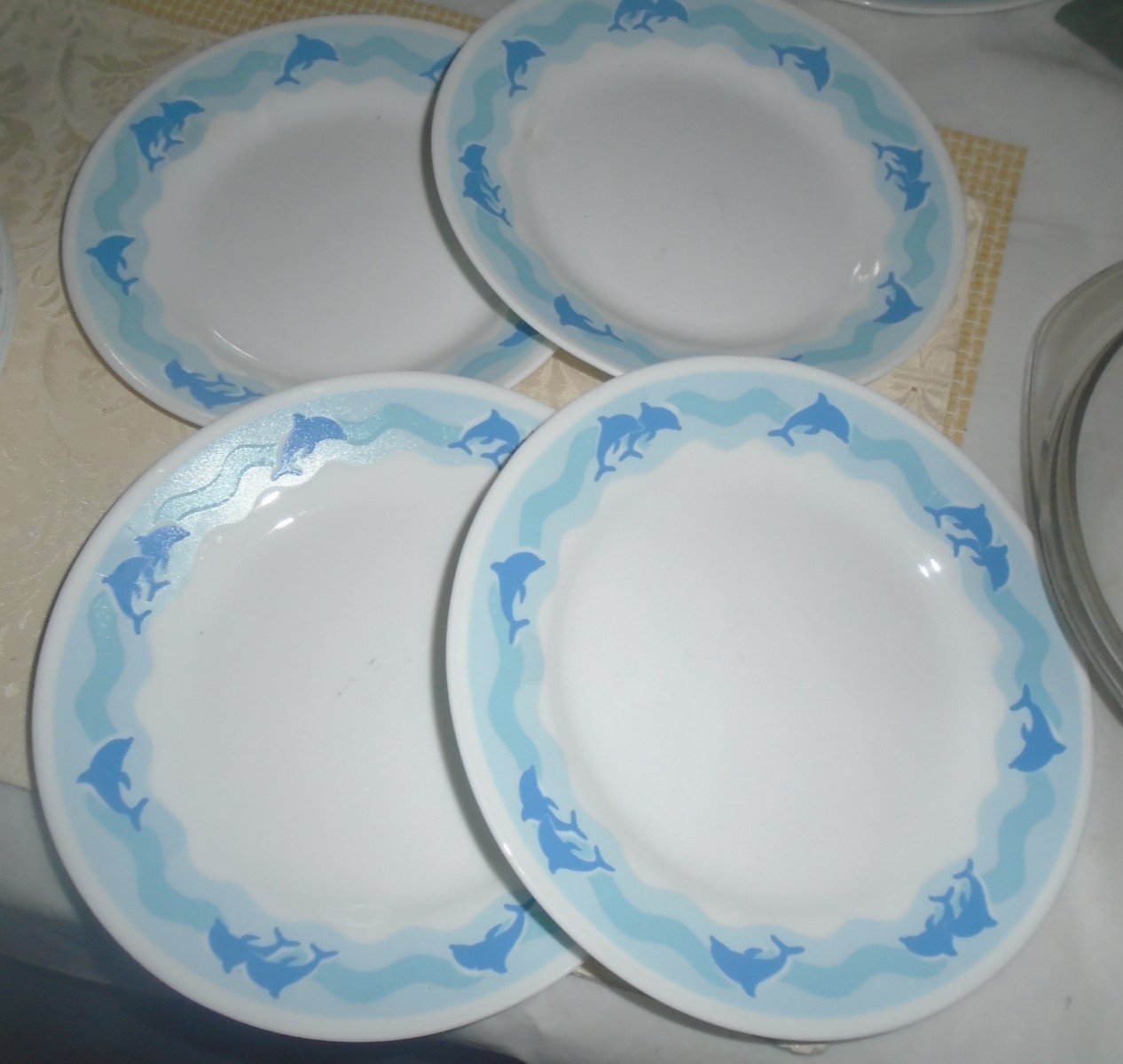4 Corning Corelle Ocean Dance w/ Blue Dolphins Salad Plates 8.5″ (1997-1999)