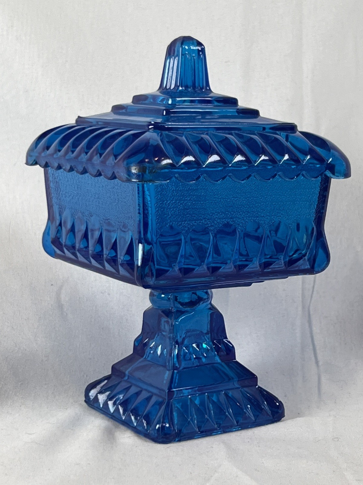 Vintage Jeannette Glass Cobalt Blue Covered Candy Dish Pedestal Wedding Box 6”