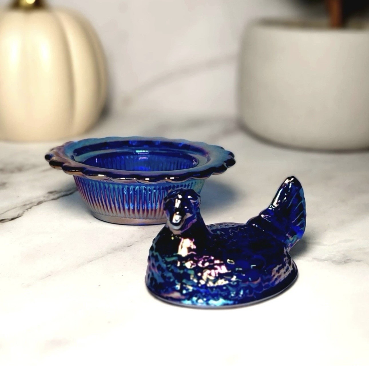 Mosser Cobalt Blue Carnival Glass Hen on Nest Salt Dish, Mini Chicken, VTG Style