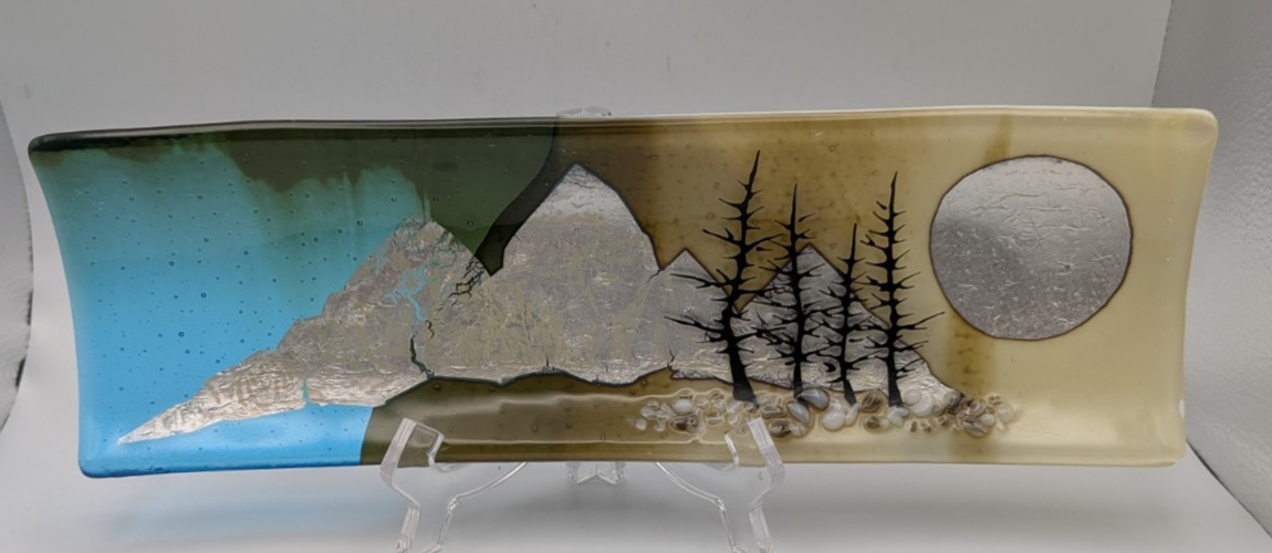 Fused Glass Mixed Media Art Glass Tray- Mountain Scene