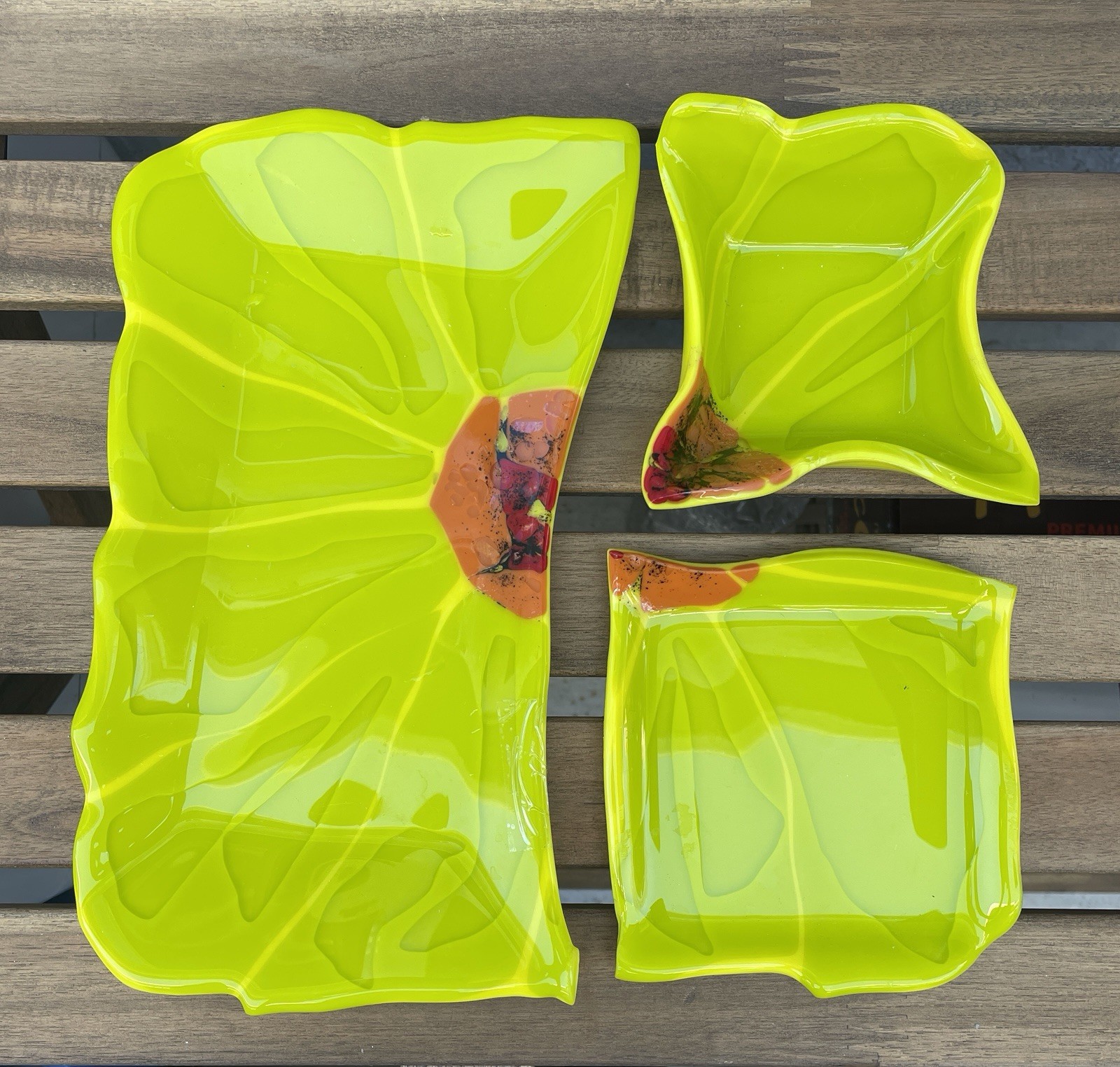 Fused Glass Platter Set – Chartreuse Orange and Red Accents – Signed by artist