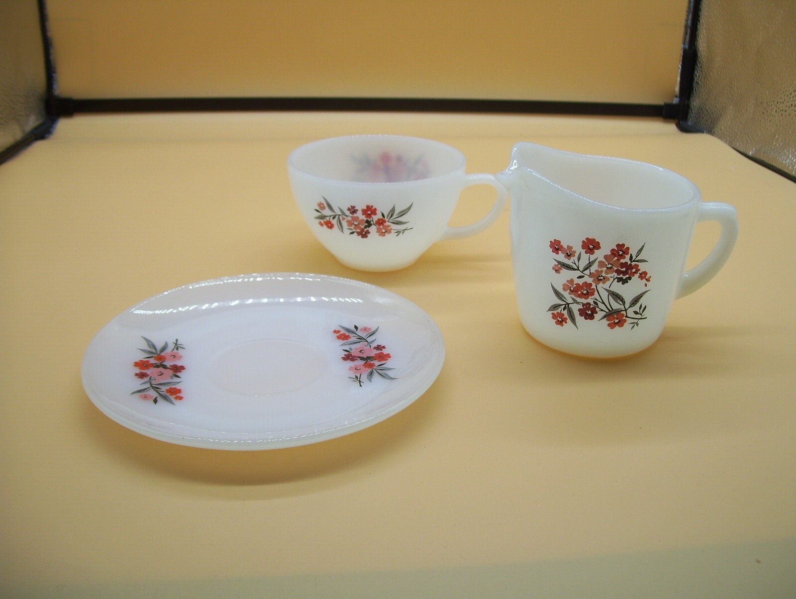 Vintage Fire King Primrose Milk Glass Coffee Cup Saucer Plate & Creamer Pitcher