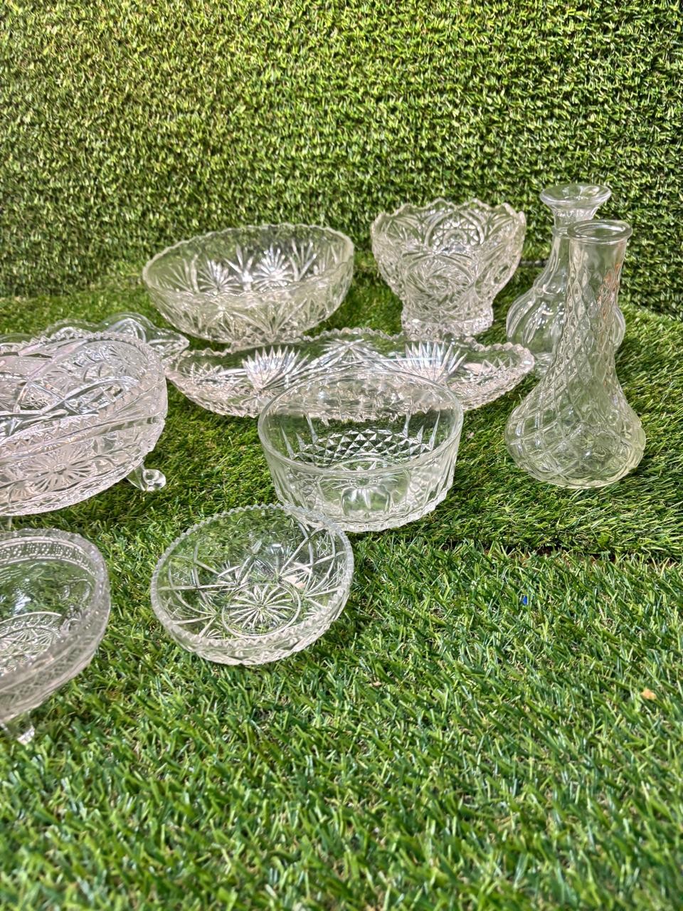 Vintage Pressed Clear Glass Lot 10 Pc Bowls Trays Bud Vases Serving Dishes