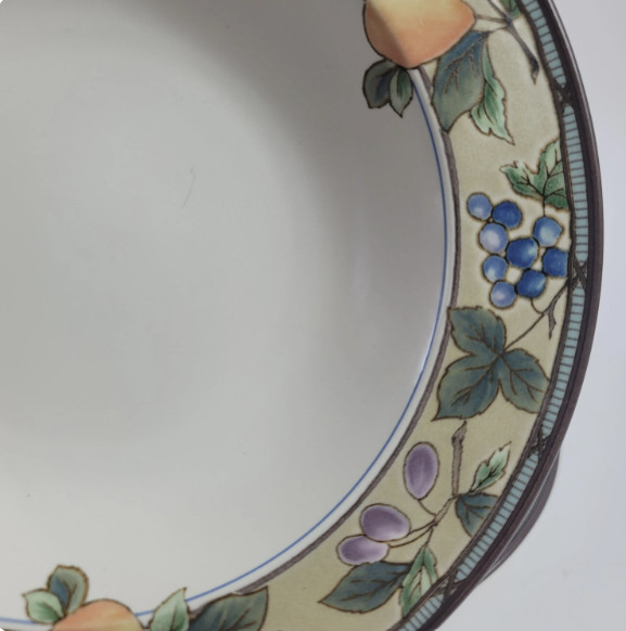 TWO Mikasa Intaglio Garden Harvest Rim Soup Bowls Fruit and Leaves on Rim