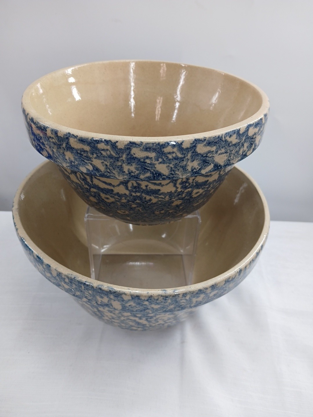 Vintage Robinson Ransbottom Pottery Blue Spongeware Nesting Mixing Bowl Set 2