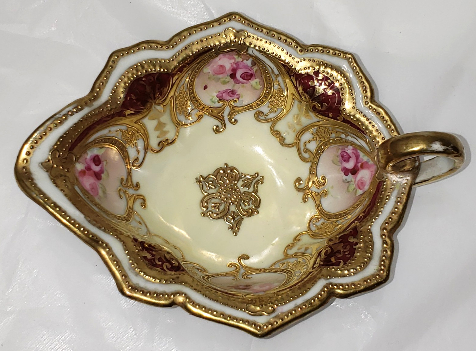 Vintage Unmarked Nippon Floral & Heavy Gold Sauce Dish
