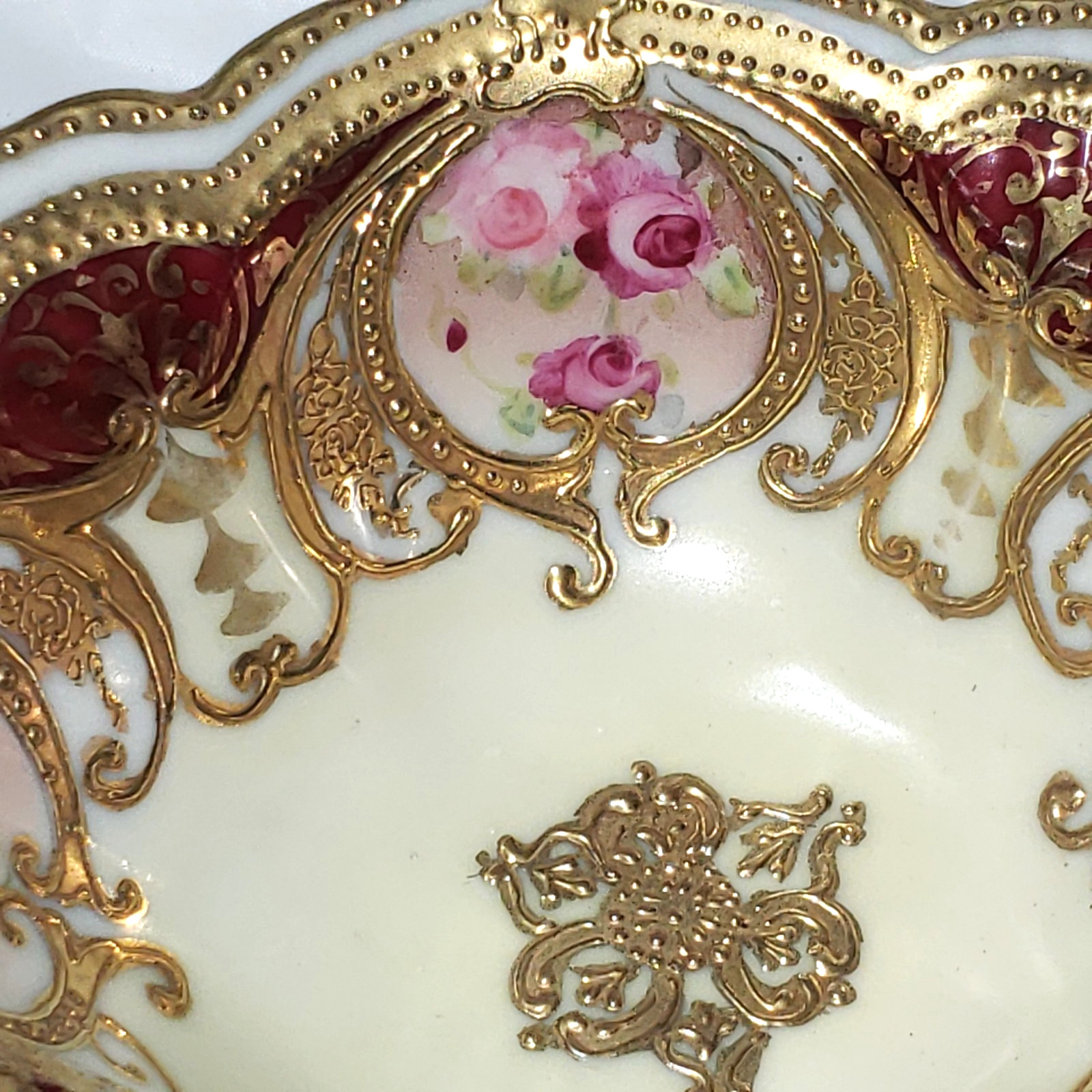 Vintage Unmarked Nippon Floral & Heavy Gold Sauce Dish