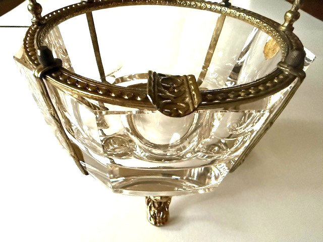 Rare Handled French Octagon Beveled Lead Crystal Gilt Bronze Bowl Griffin Feet