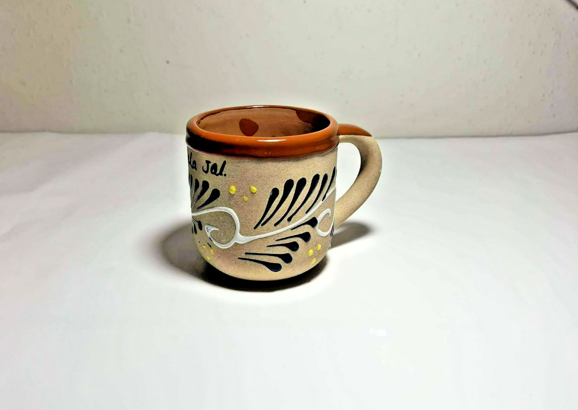 Mexican Pottery Mug/Cup, Small Beige Handmade Ceramic Chapala Design