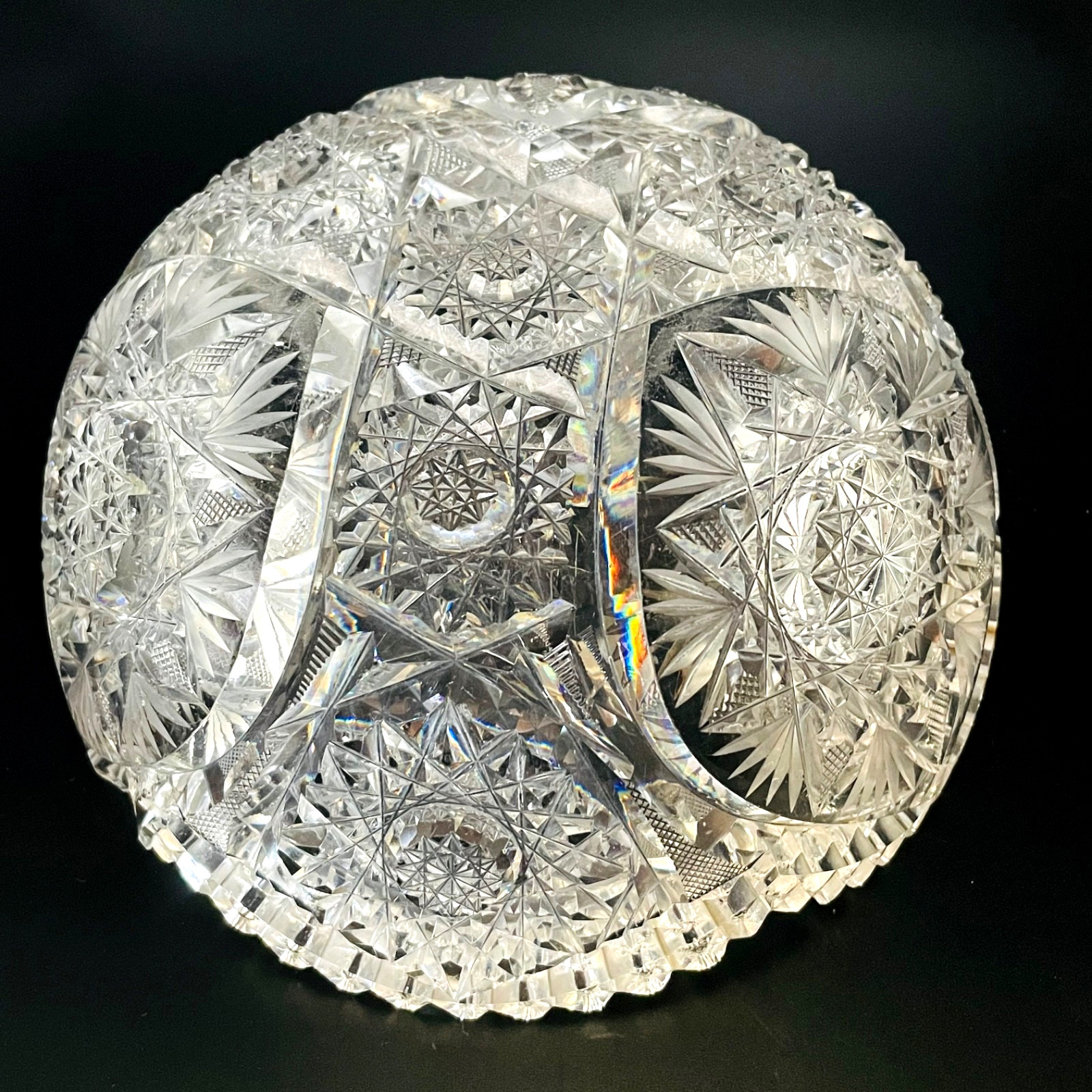 American Brilliant Cut Antique Sawtooth Scalloped Edge Lead Glass Star Bowl 8”
