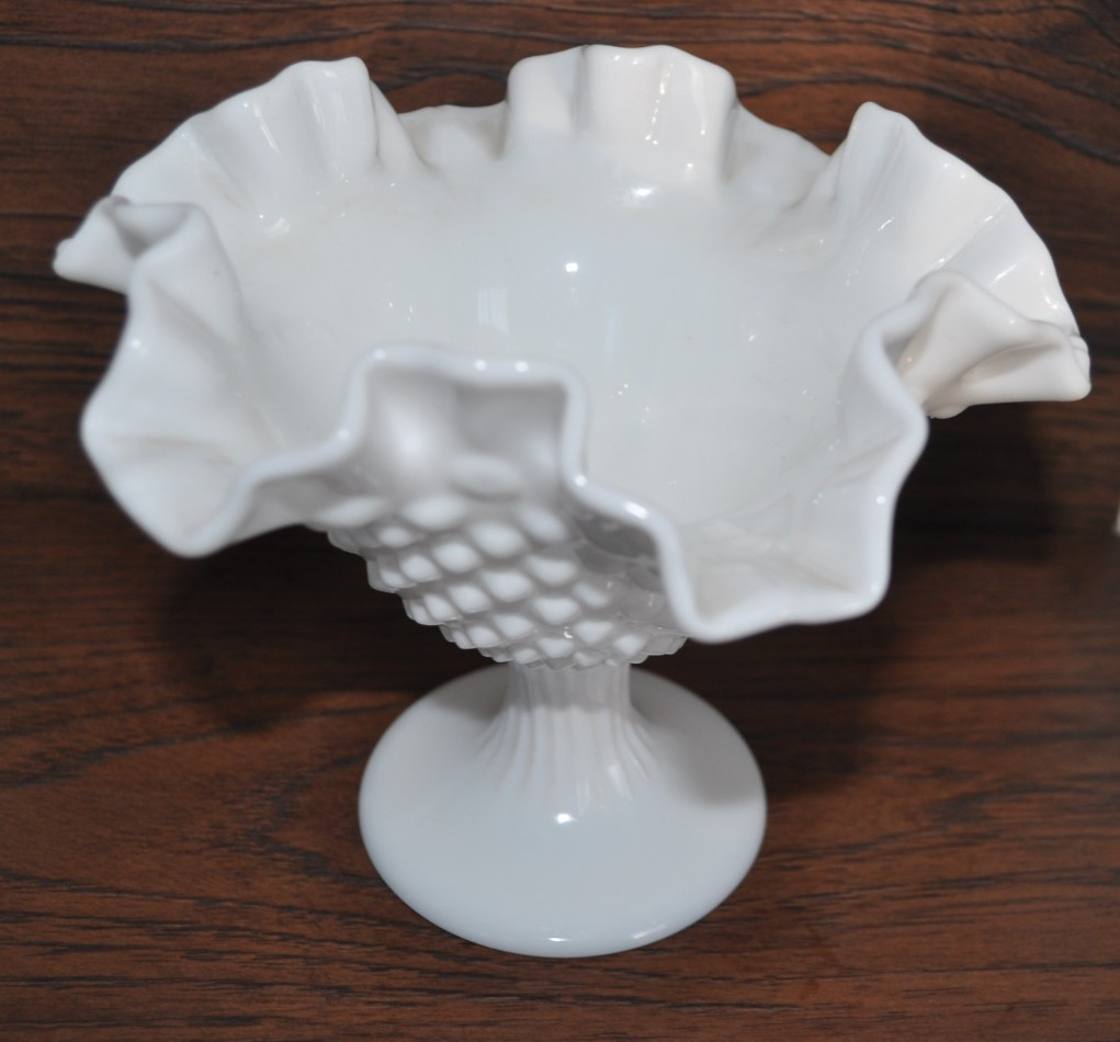 HOBNAIL MILK GLASS RUFFLED PEDESTAL BOWL 5 1/2 INCHES TALL