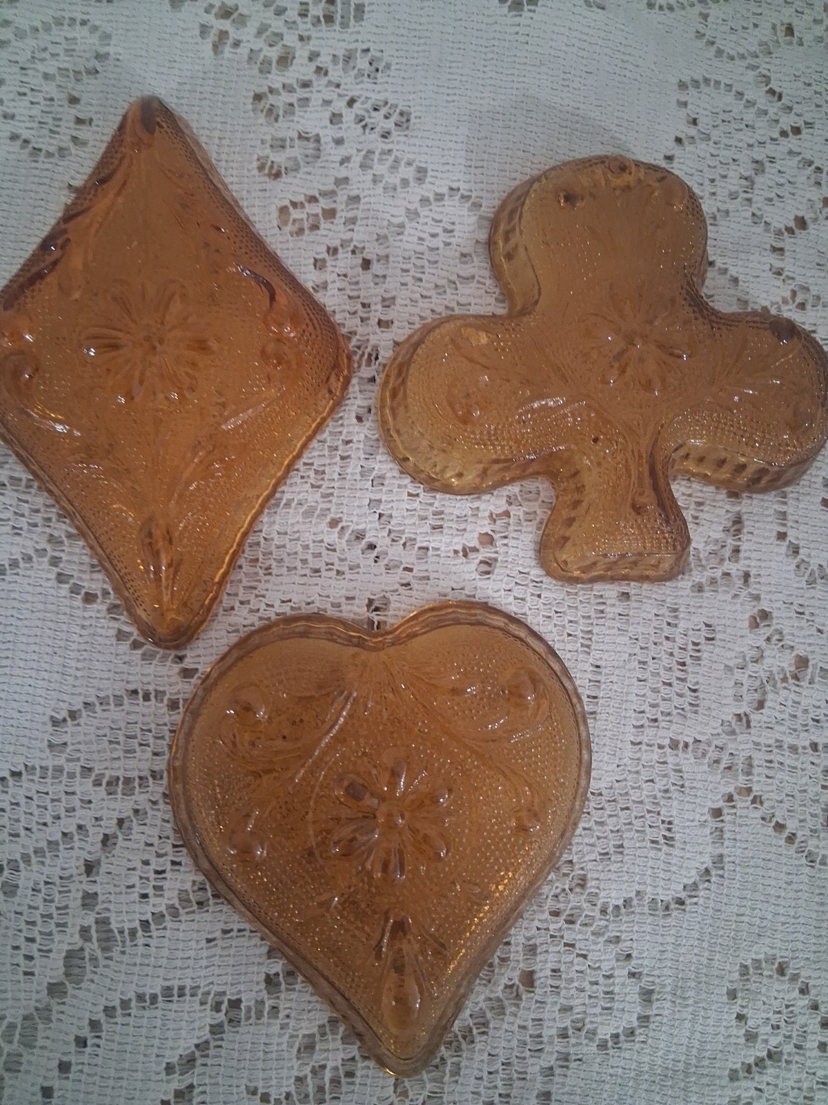 Vtg Lot (3) Indiana Tiara Amber Trinket Dishes Diamond/Heart/Club Ashtray Glass