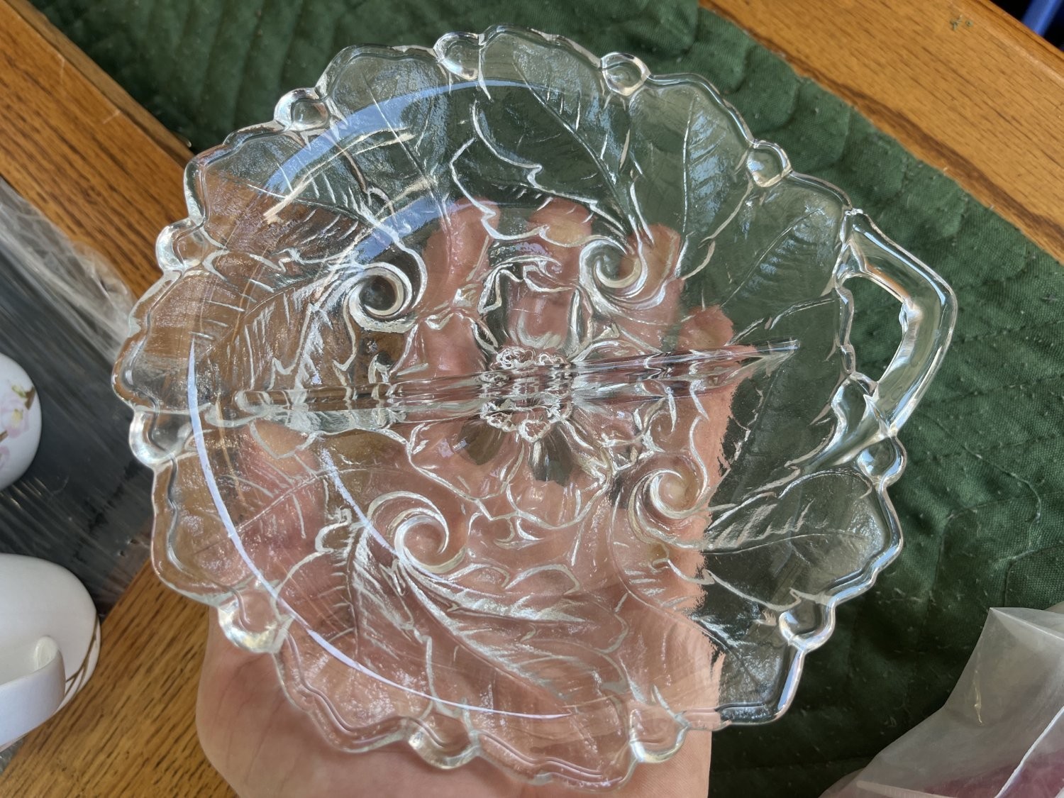 VTG Jeannette Glass Camellia Pattern Clear Divided Relish Dish Handled Nappy