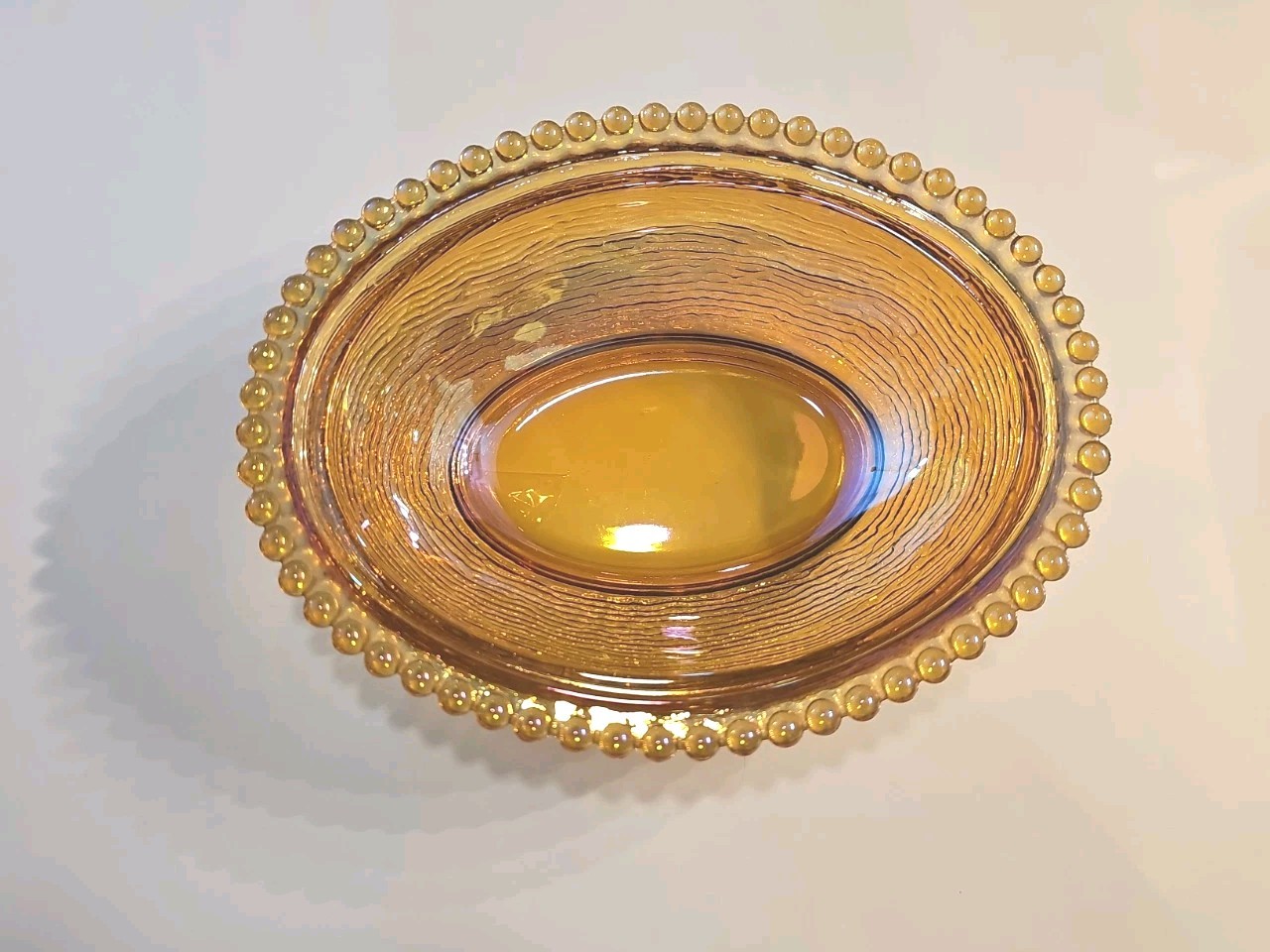 Vintage Indiana Golden Carnival Glass Hen on Nest Dish w/ Lid Oval Beaded Base
