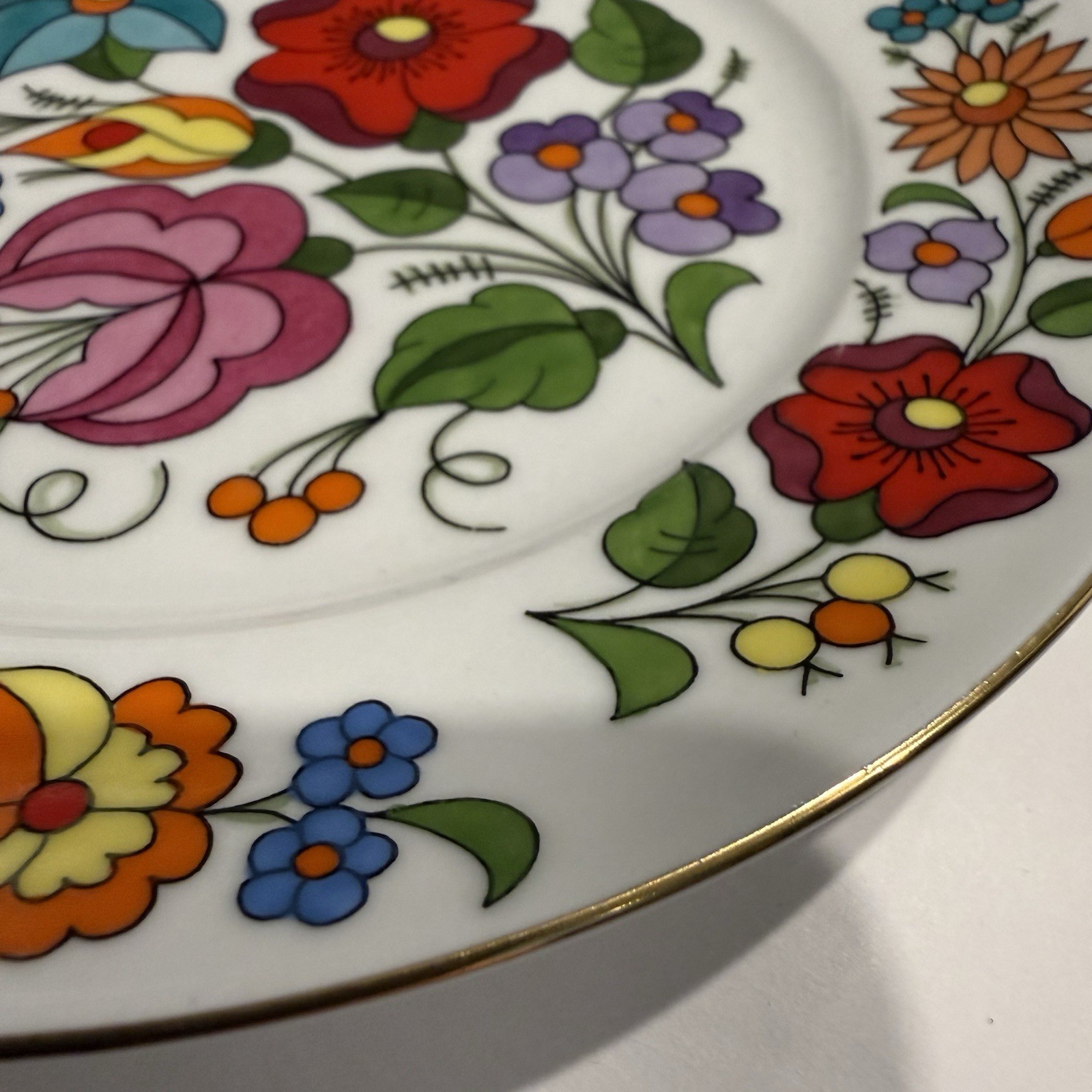 Vintage Kalocsa Hungary Handpainted Floral Porcelain Plates Set of 2 Boxed Mod