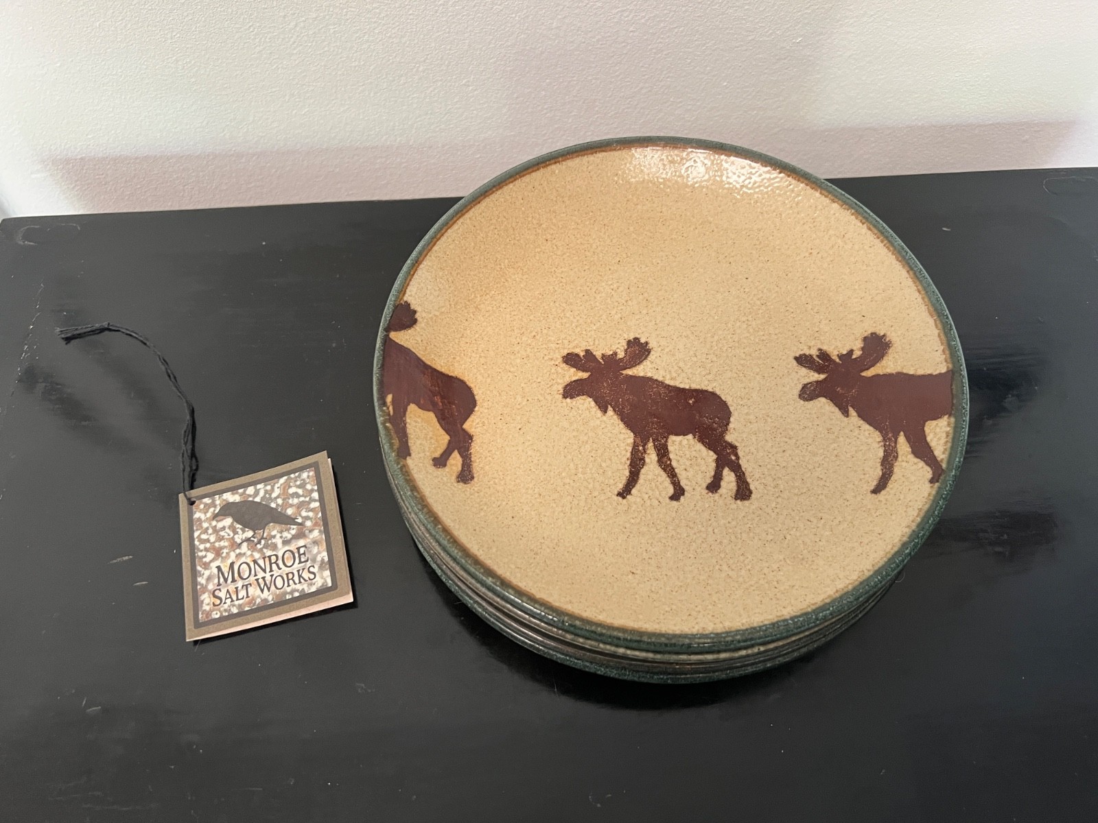 New set of 4 Monroe Salt Works Moose Stoneware Plates Maine Pottery Green Rim 9”