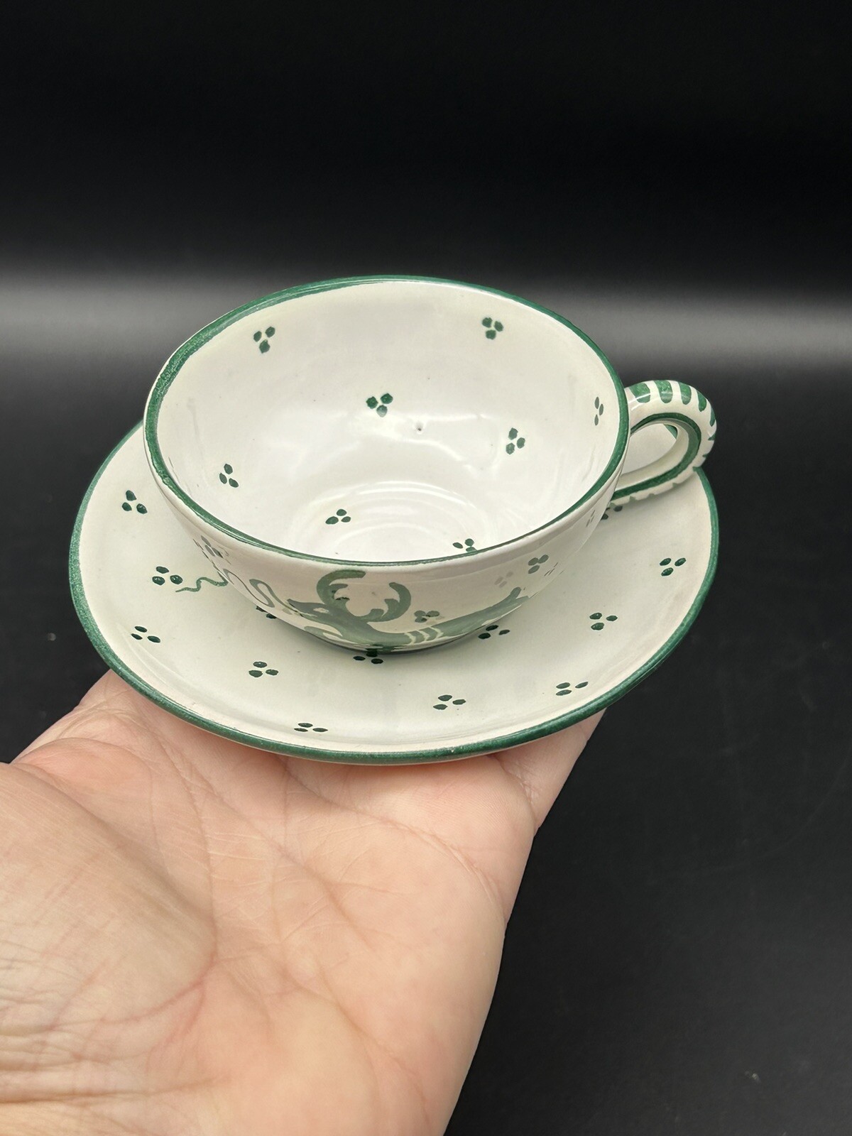 Vintage Italy SA Cup and Saucer Handpainted Pottery Green Stag Deer Artisan Set