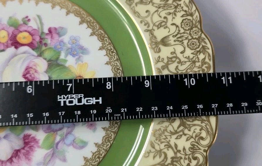 Vintage Bohemia Czechoslovakia Dinner Plates Green Gold Floral Macy’s Set of 4
