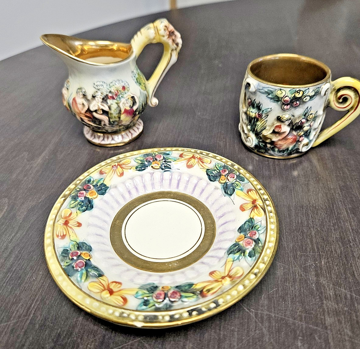 Vintage Capodimonte Demitasse Cup, Saucer, Small Creamer Pitcher Italy