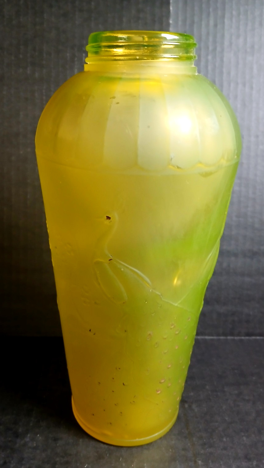 Rare Unusual Frosted Uranium Tall Jar Peacock Embossed 11 1/4″ NO LID