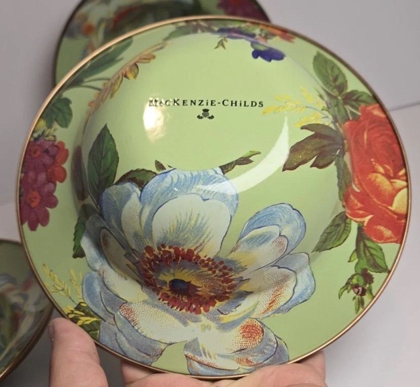 MacKenzie Childs Green Flower Market 7.75″ Enamel Single Bowl Retired