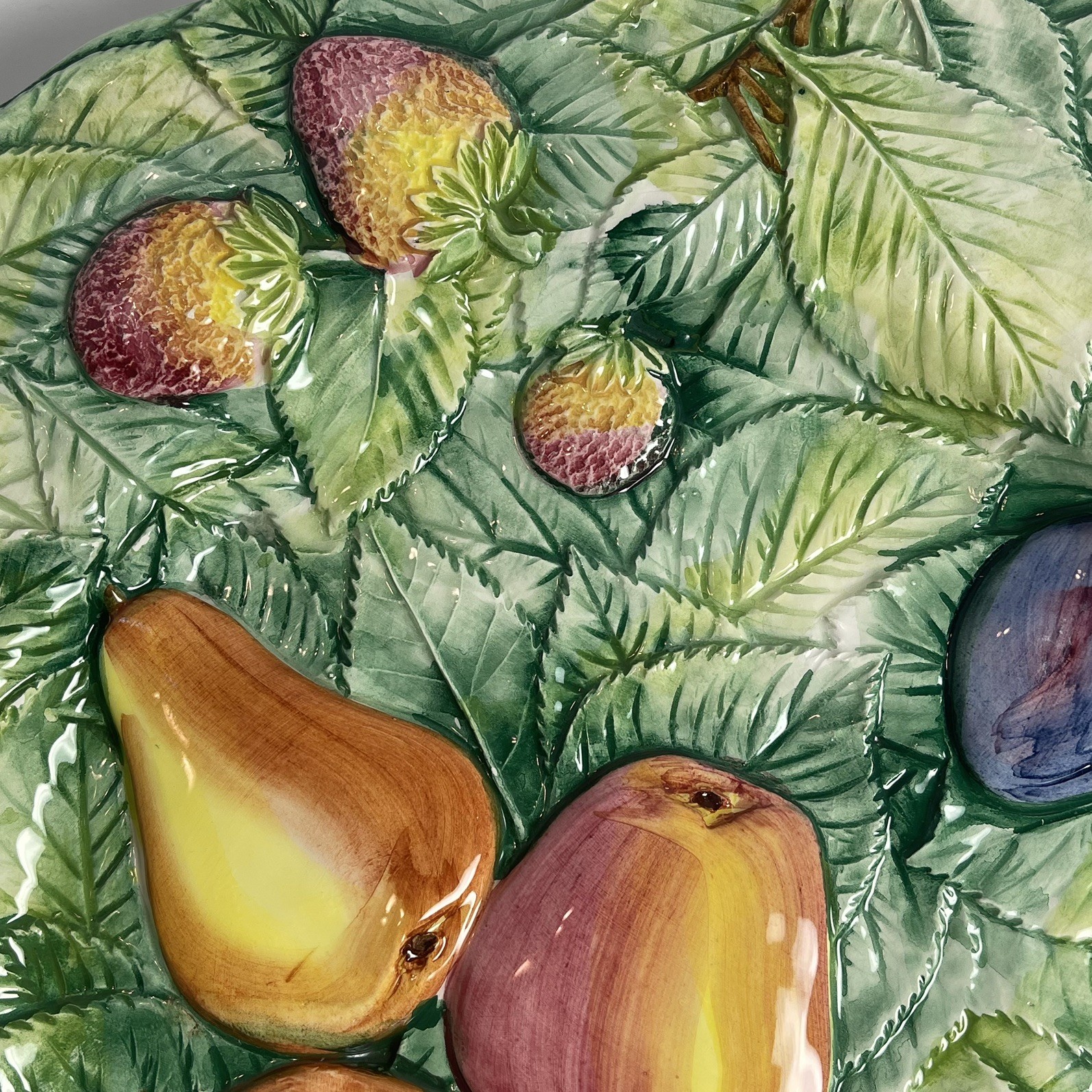 Vintage Majolica Italy Fruits and Leaves Platter Stamped 10428/32 width 12.75″