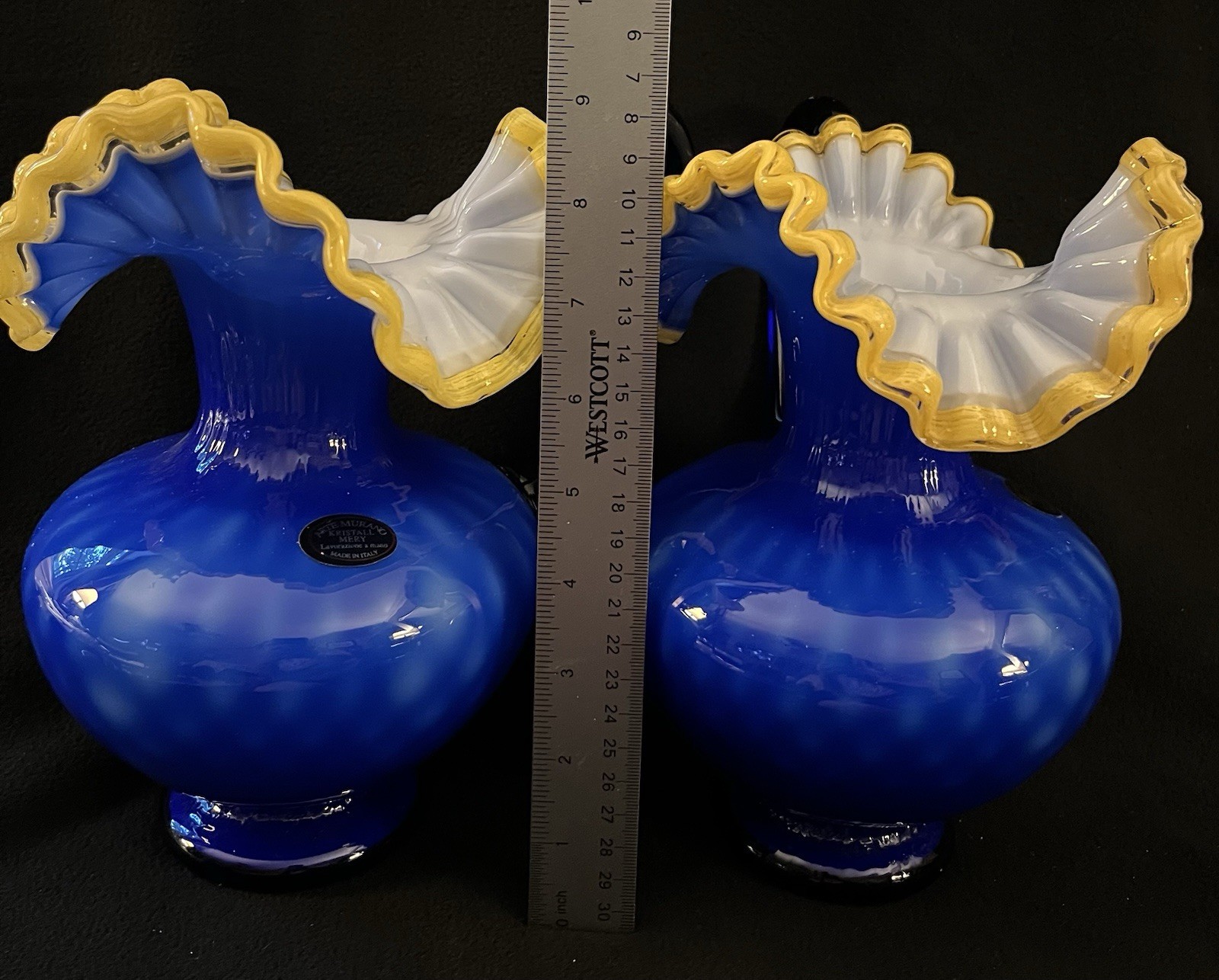 2 MCM Arte Murano Kristall Mery Cobalt Blue Pitcher W/Yellow Ruffled Rim 8.5