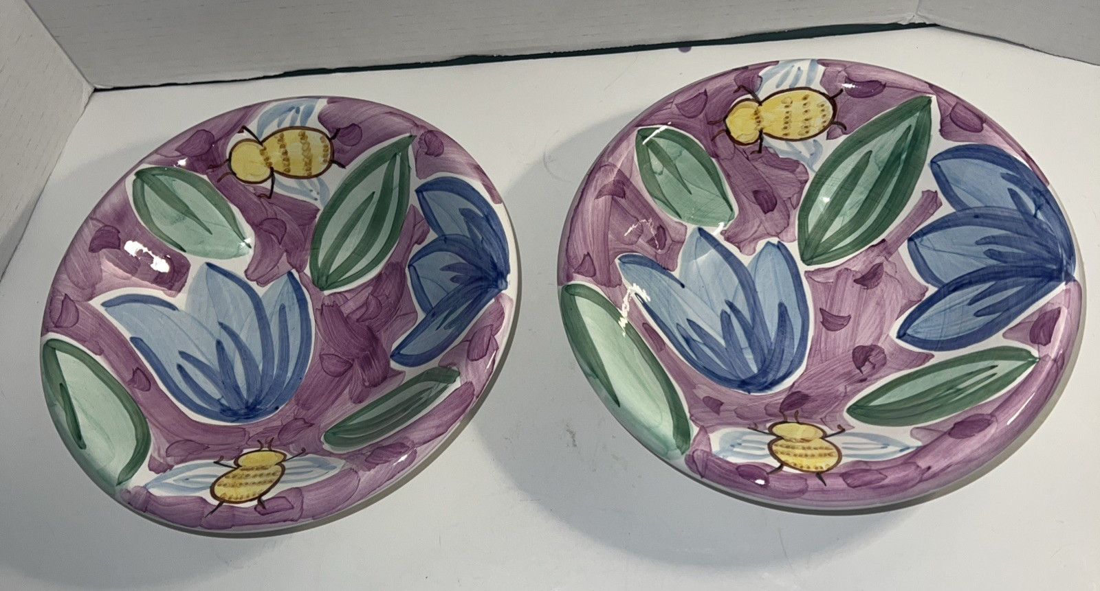 Bella Ceramica Soup Salad Serving Bowls Purple Flowers Bee 8.75”D Set Of 2