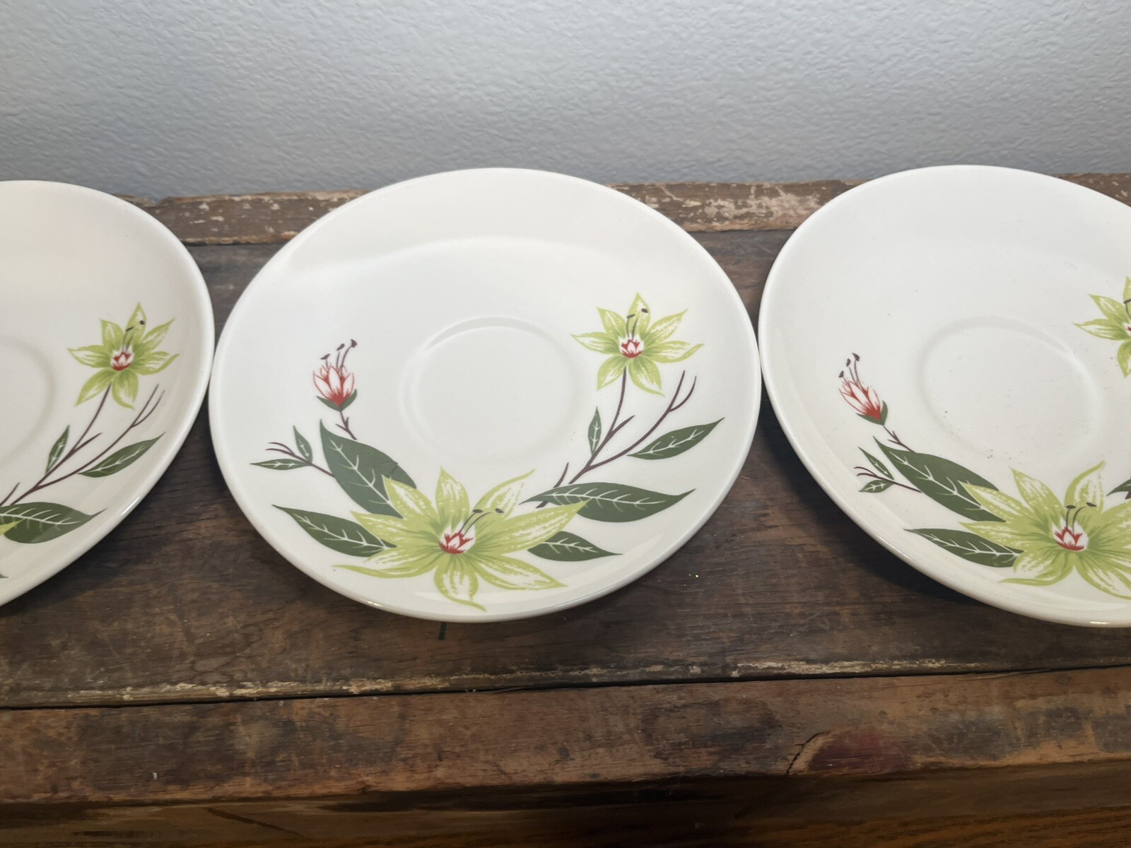 Vintage Homer Laughlin Rhythm Desert Lily Pottery Saucers Green Flowers 1952 MCM