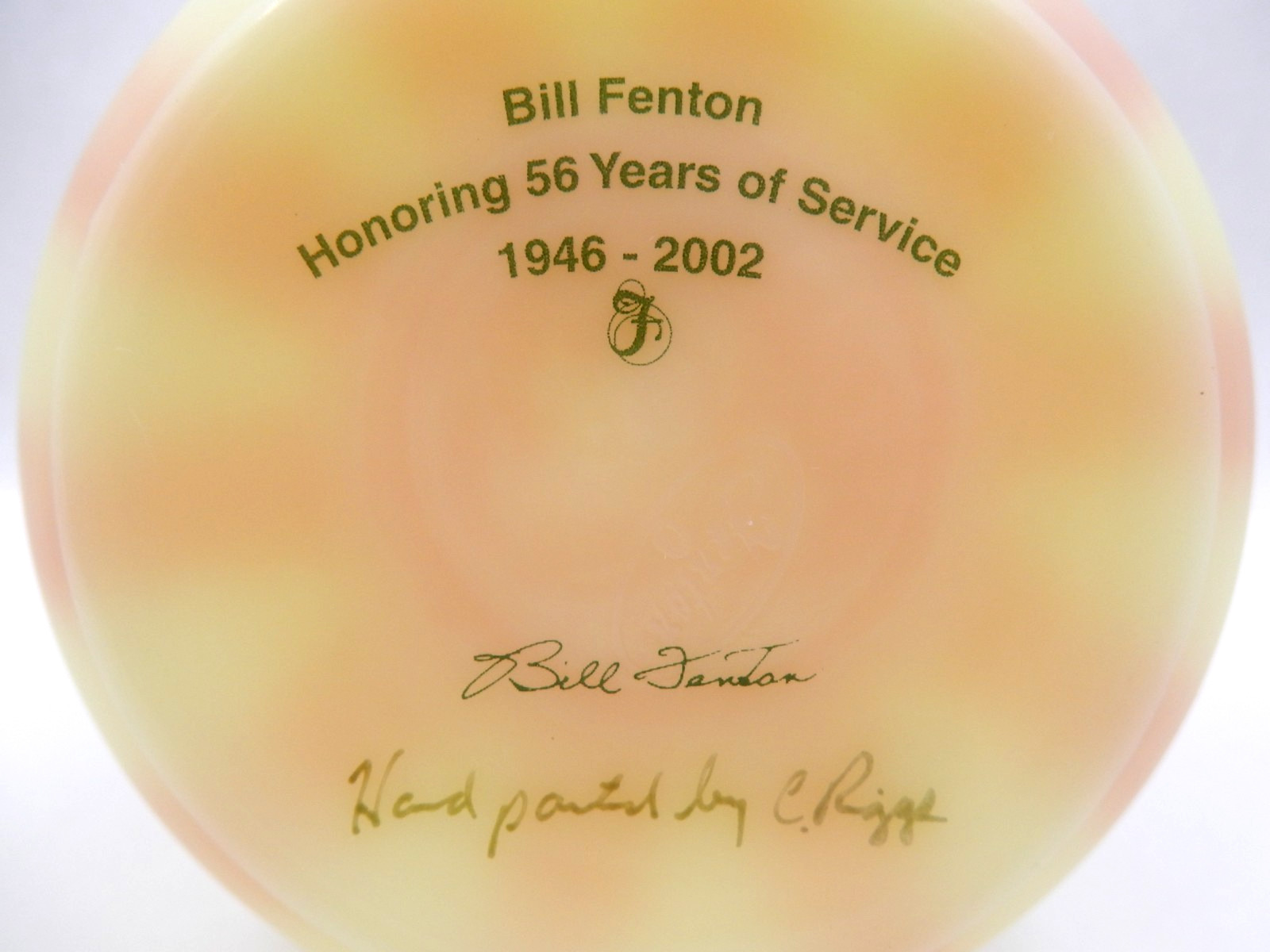 FENTON BURMESE URANIUM GLASS BILL FENTON 56 YEARS ANNIV. PITCHER, SIGNED, 6-1/2″