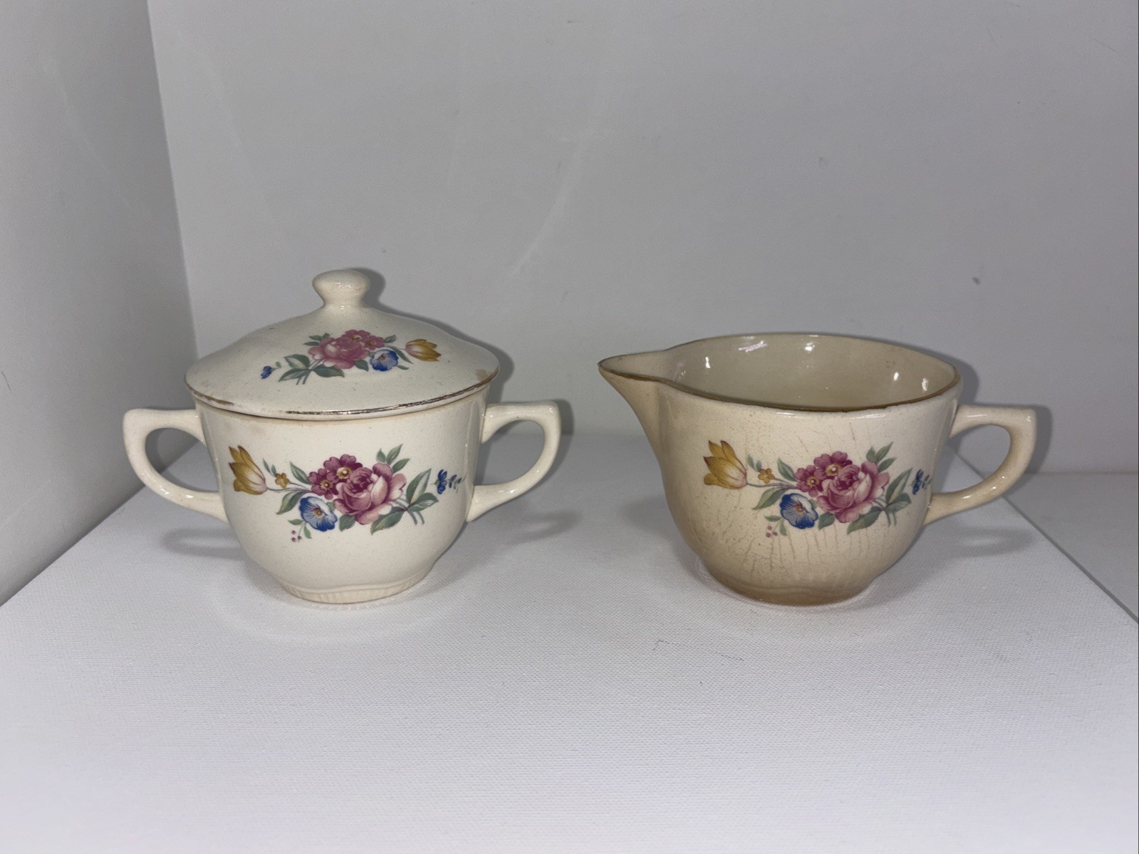 Scio Pottery “Hazel” Floral Pattern Sugar Bowl And Creamer Well Loved Condition