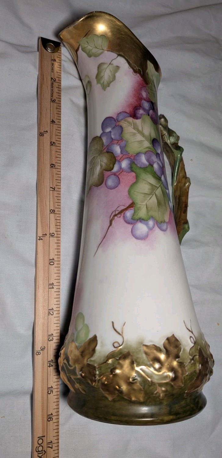 T&V LIMOGES Hand Painted Grapes & Gold Gilt Pitcher 15.5″ Tall Grape Vine Leaves