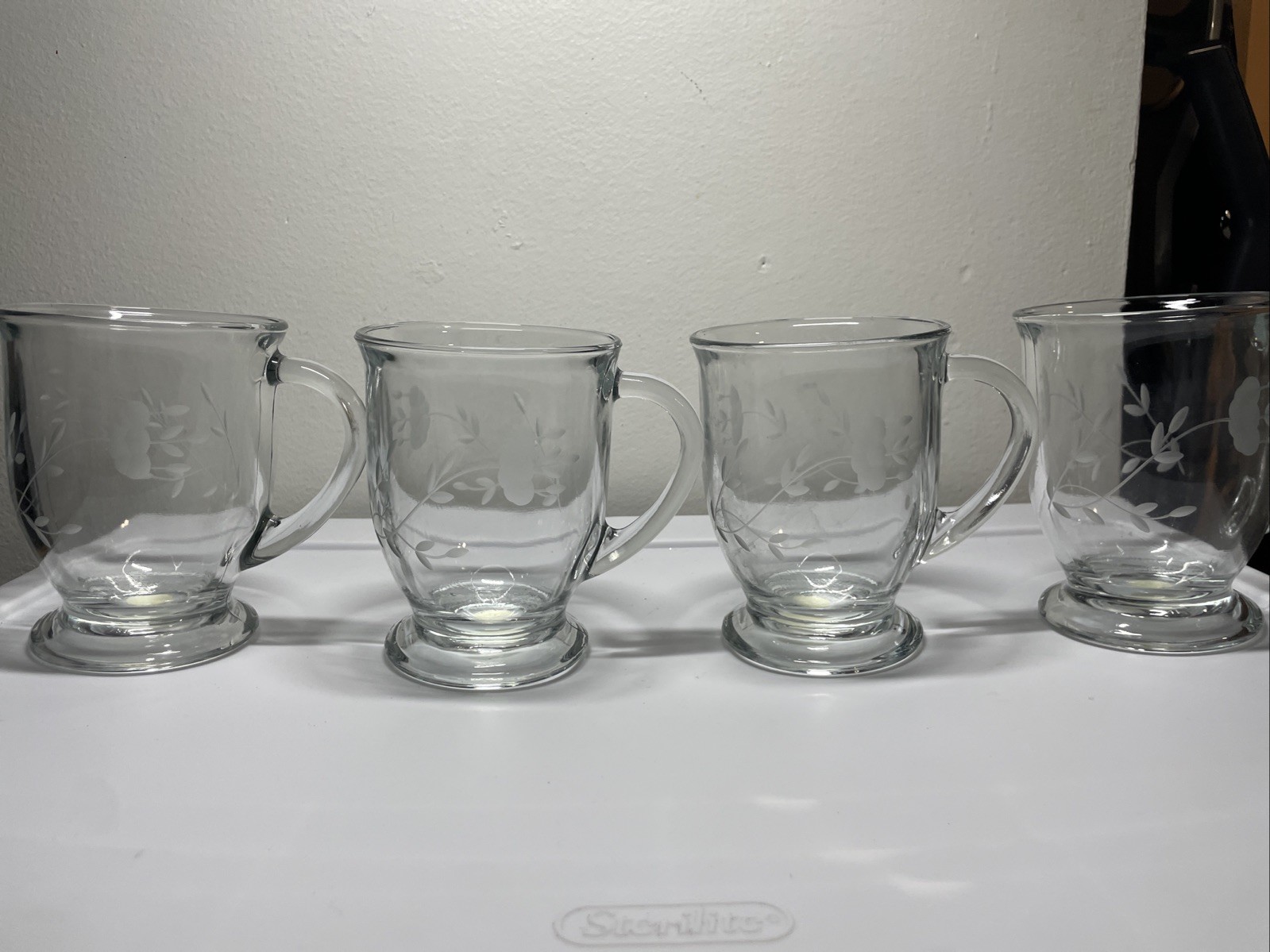 Princess House Vintage Etched Glass Heritage Cafe Style Coffee 15oz Mug SET OF 4