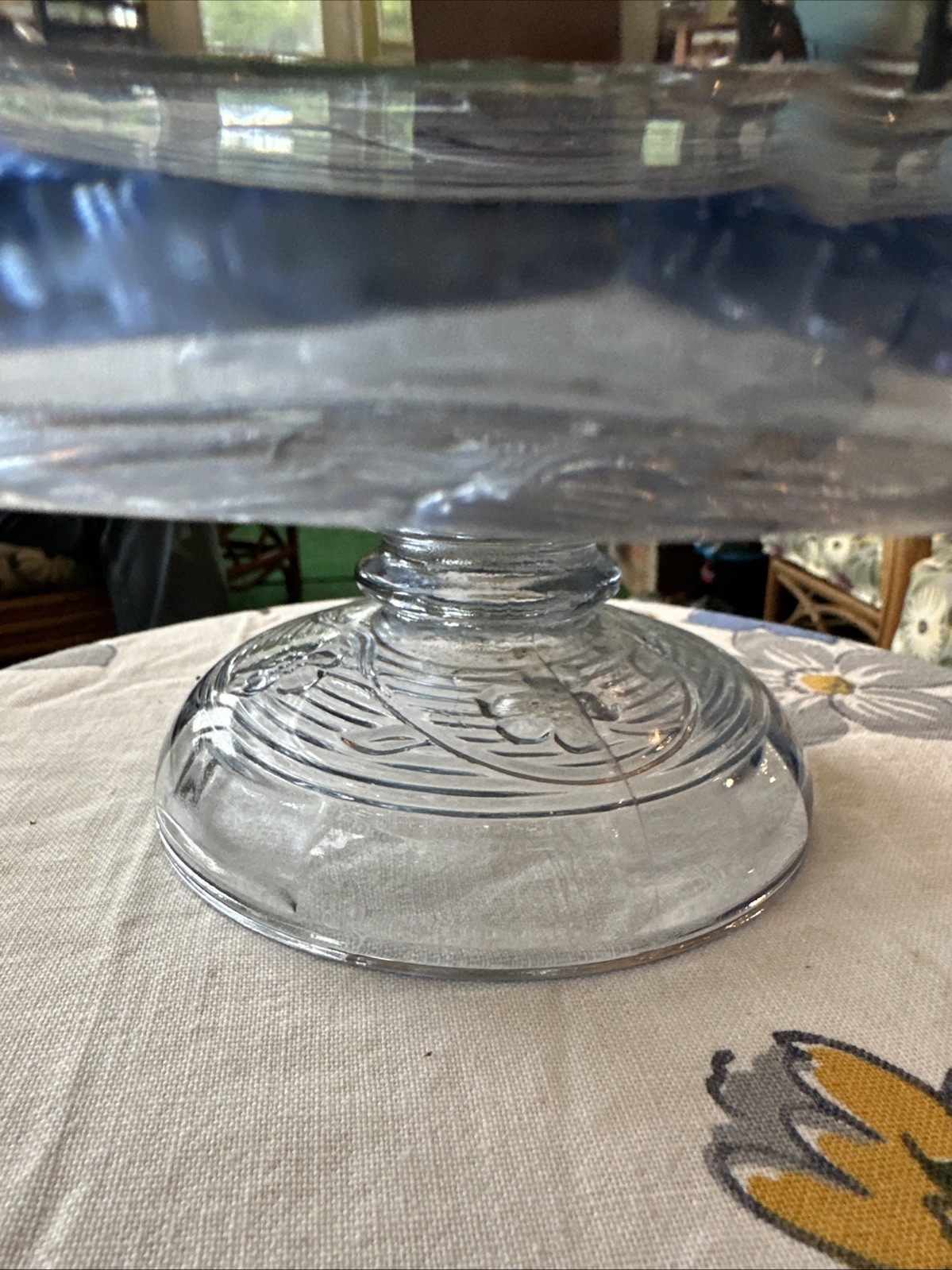 Vtg Anchor Hocking Avalon Blue Glass Pansies Pedestal Cake/Serving Plater 11.75”