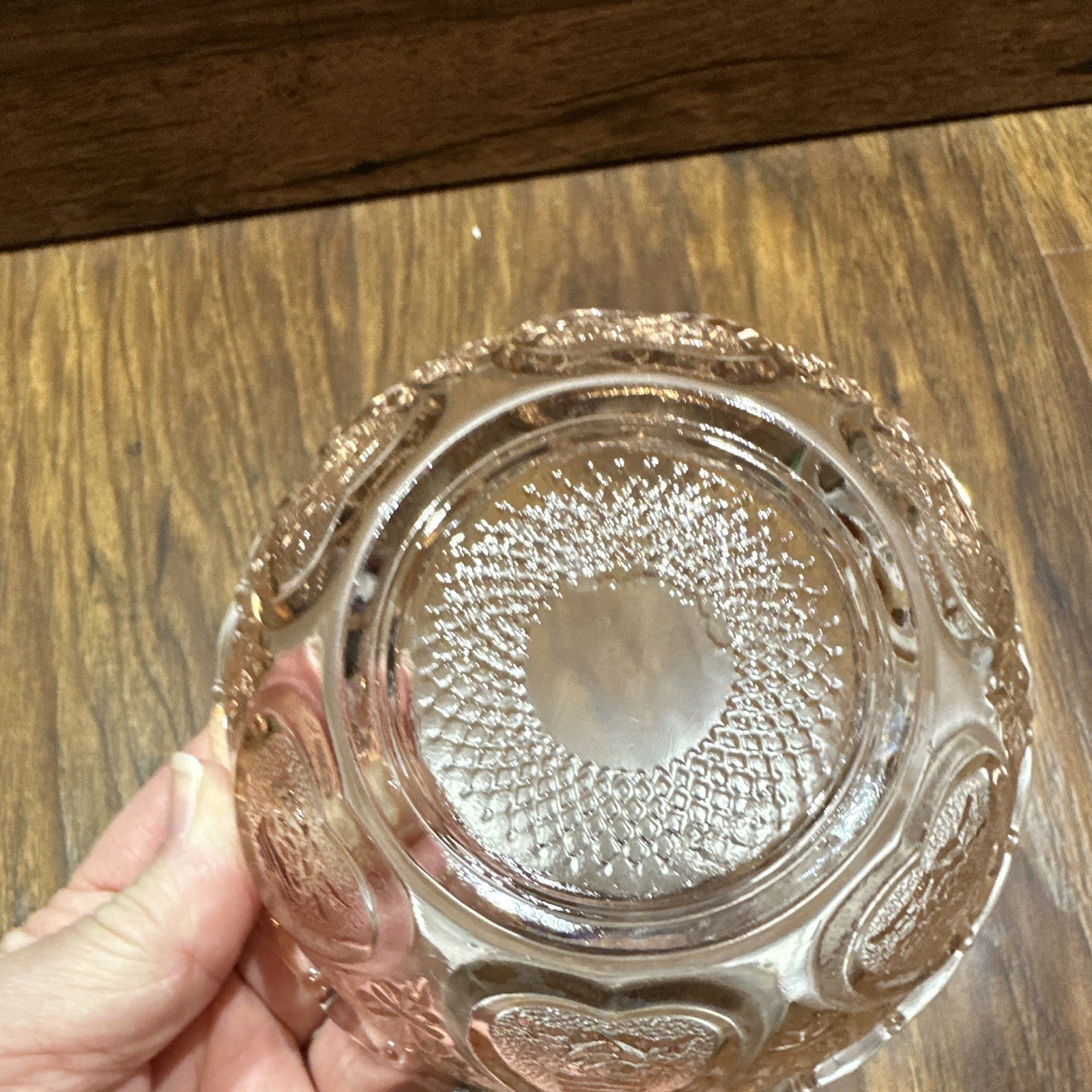Pink Pressed Glass Round Hearts Pattern Covered Bowl with Lid 6 in