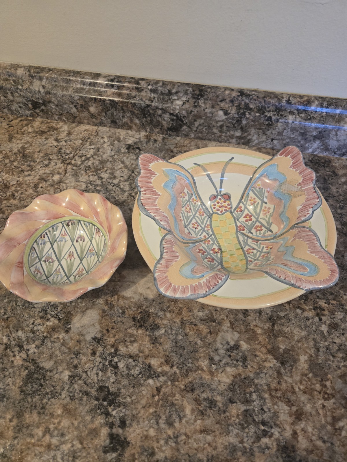 2 HTF Mackenzie Childs Ceramic 8.5″ Butterfly Bowl Retired Plus Iris Bowl