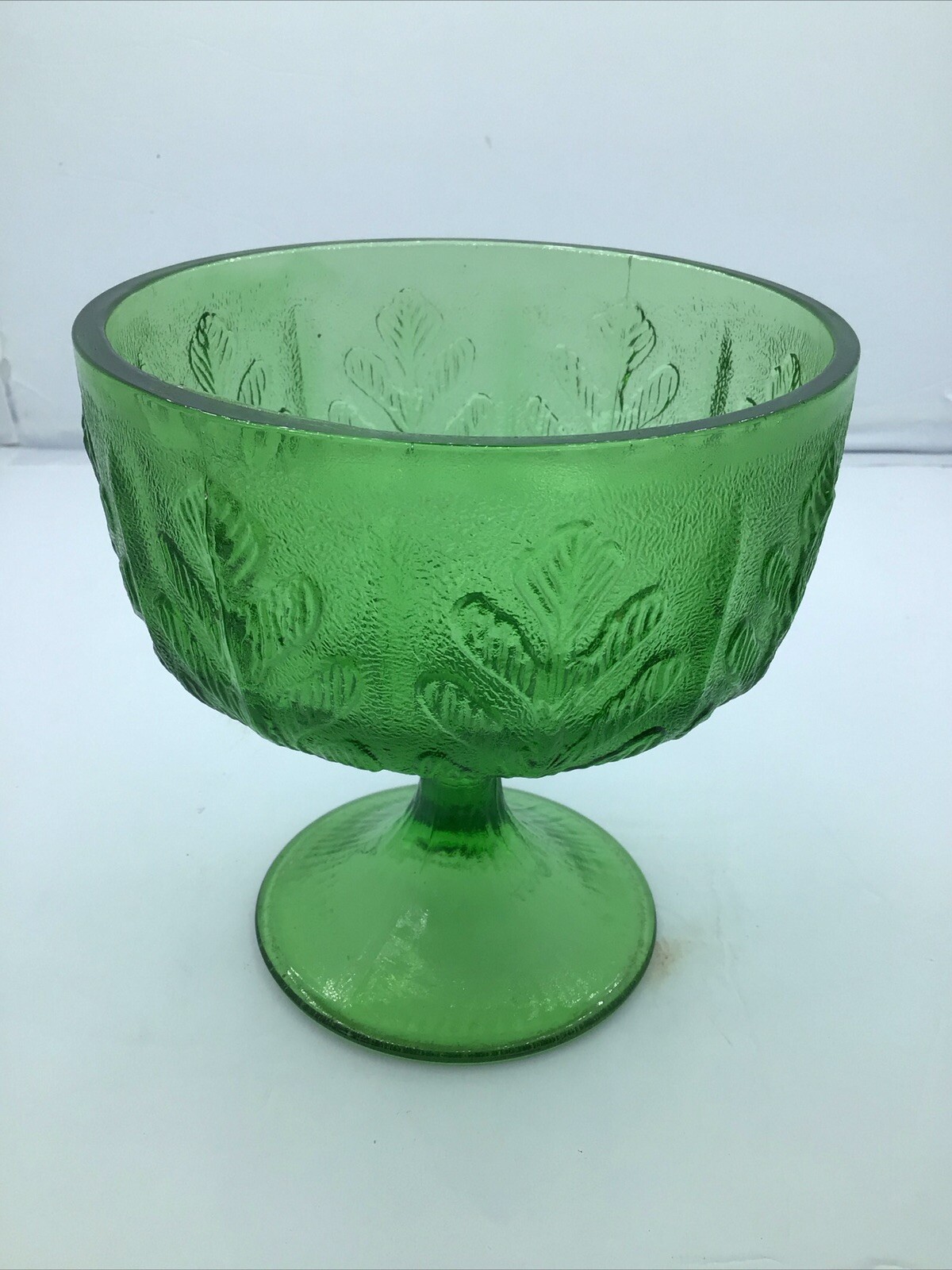 FTD Green Glass Vintage Pedestal Bowl Impressed Oak Leaf Design