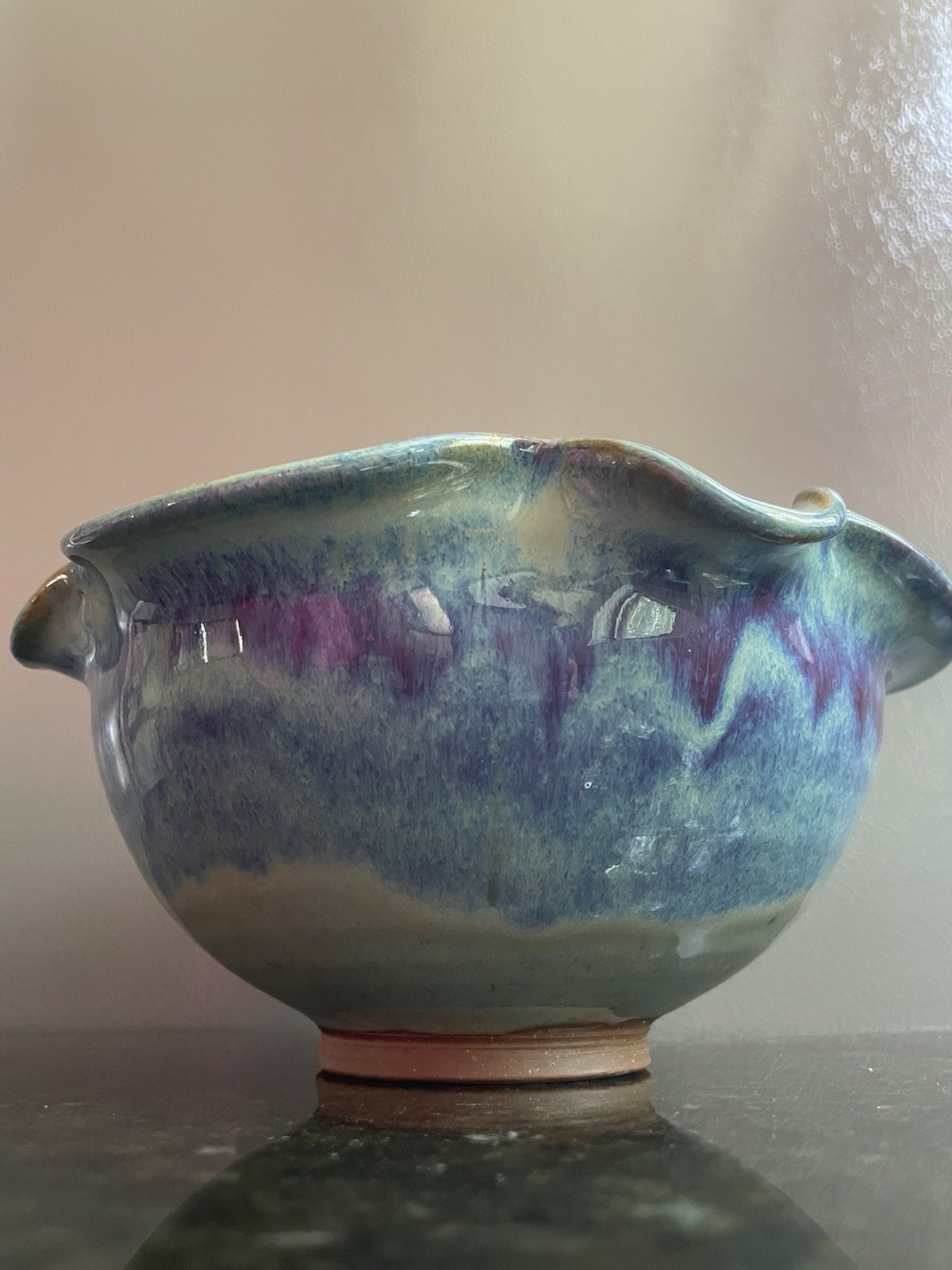 Vtg. Studio Pottery Drip Glaze Ruffled Edge Blue Aqua Bowl. Signed