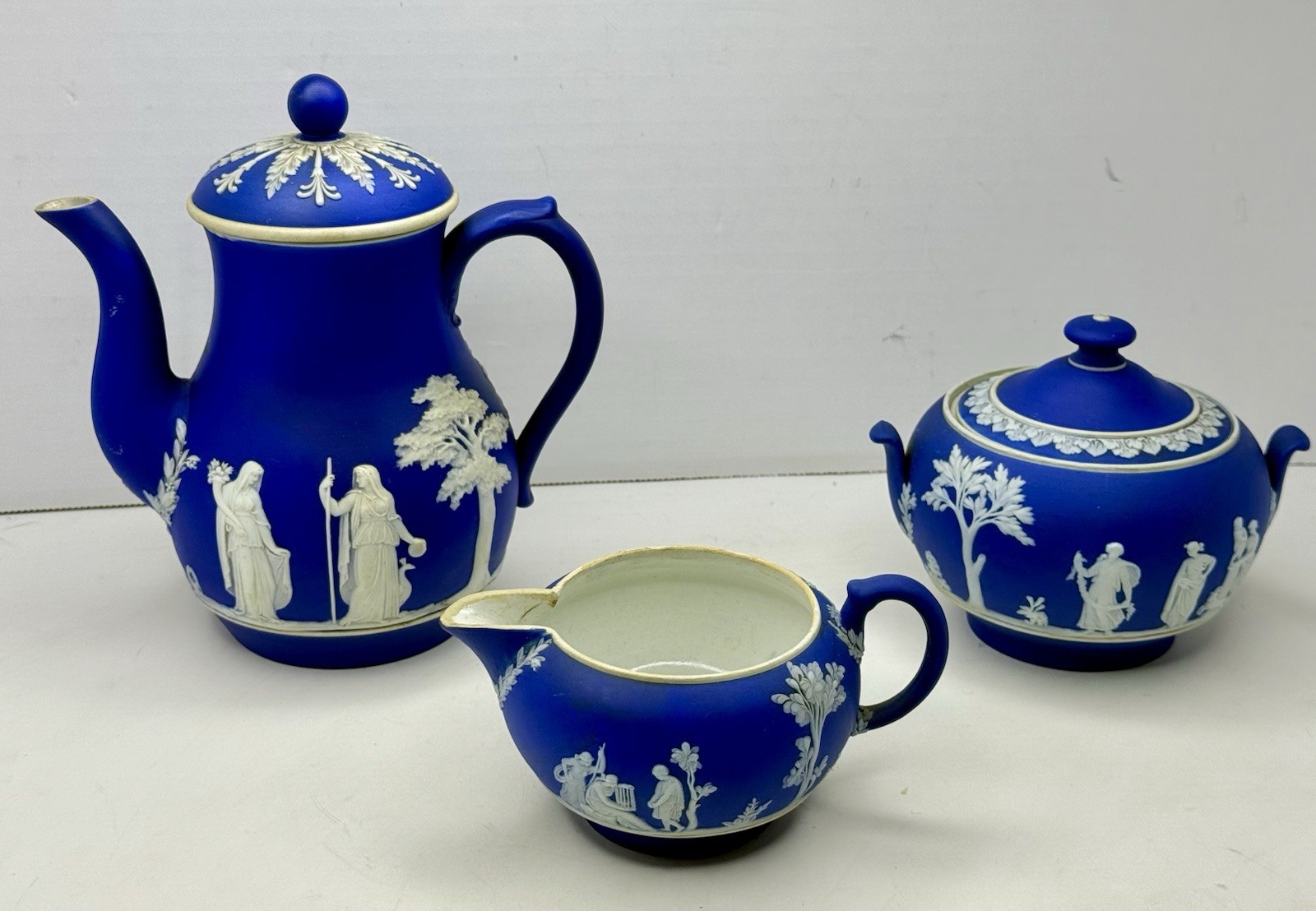 Antique 1880 Wedgwood Cobalt Blue Jasperware Neoclassical Nymphs Scene Tea Set