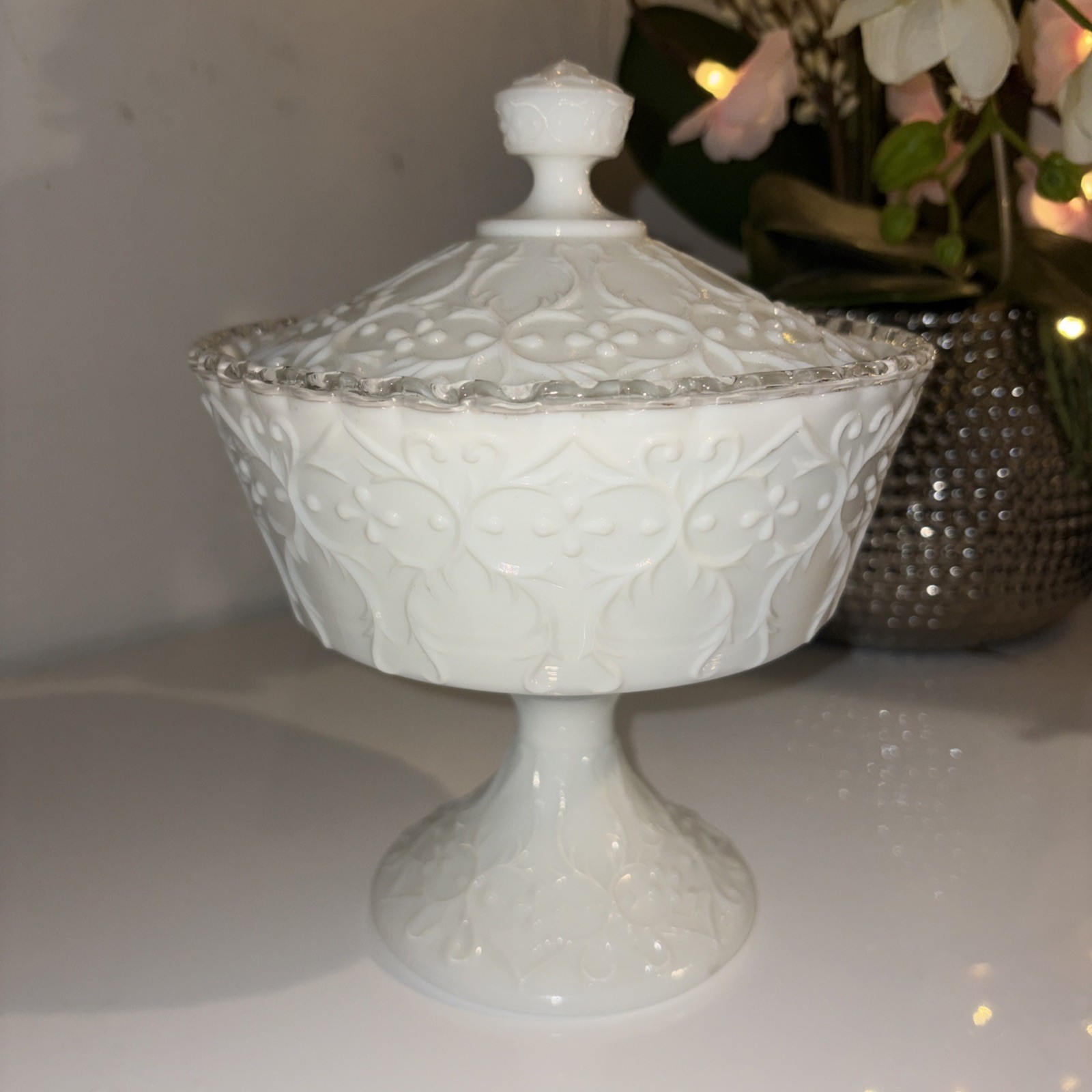 Fenton Milk Glass Silver Crest W/ Spanish Lace Footed Compote Candy Dish W/Lid