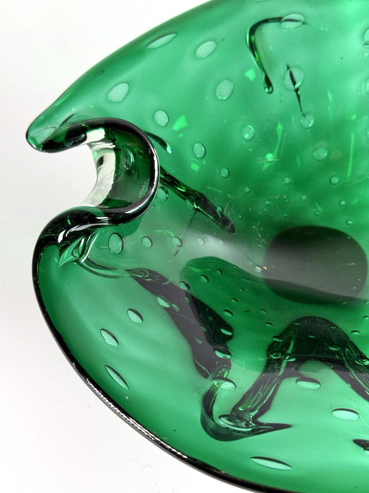 Hand Blown Controlled Bubble Dark Green Thick Glass Decor Bowl
