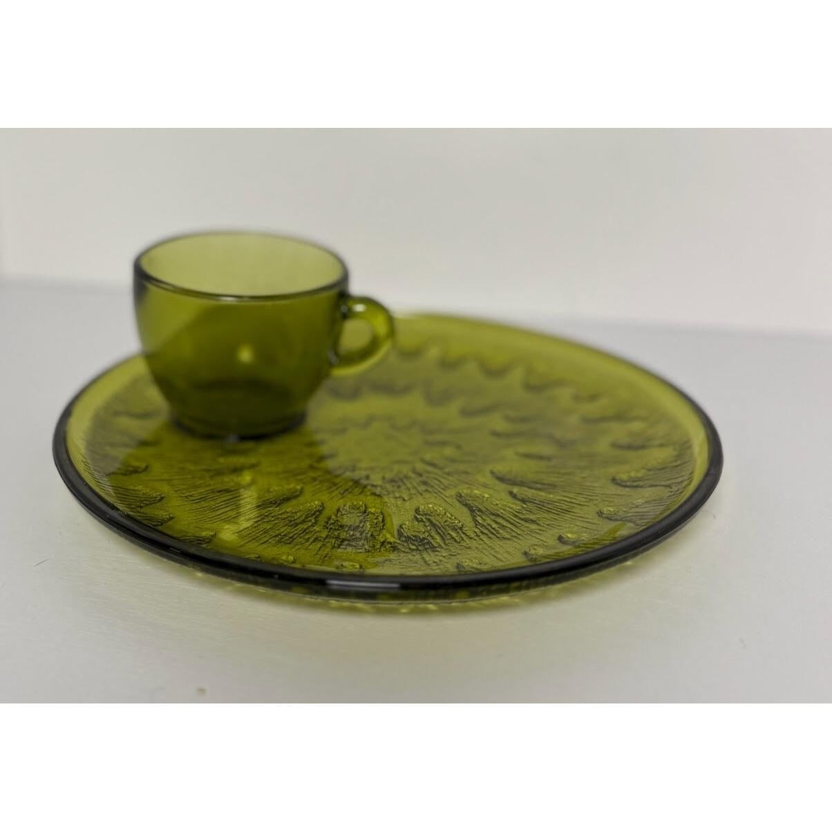 One Set of Vintage Indiana Glass Green Sunburst Snack Set Cup and Plate